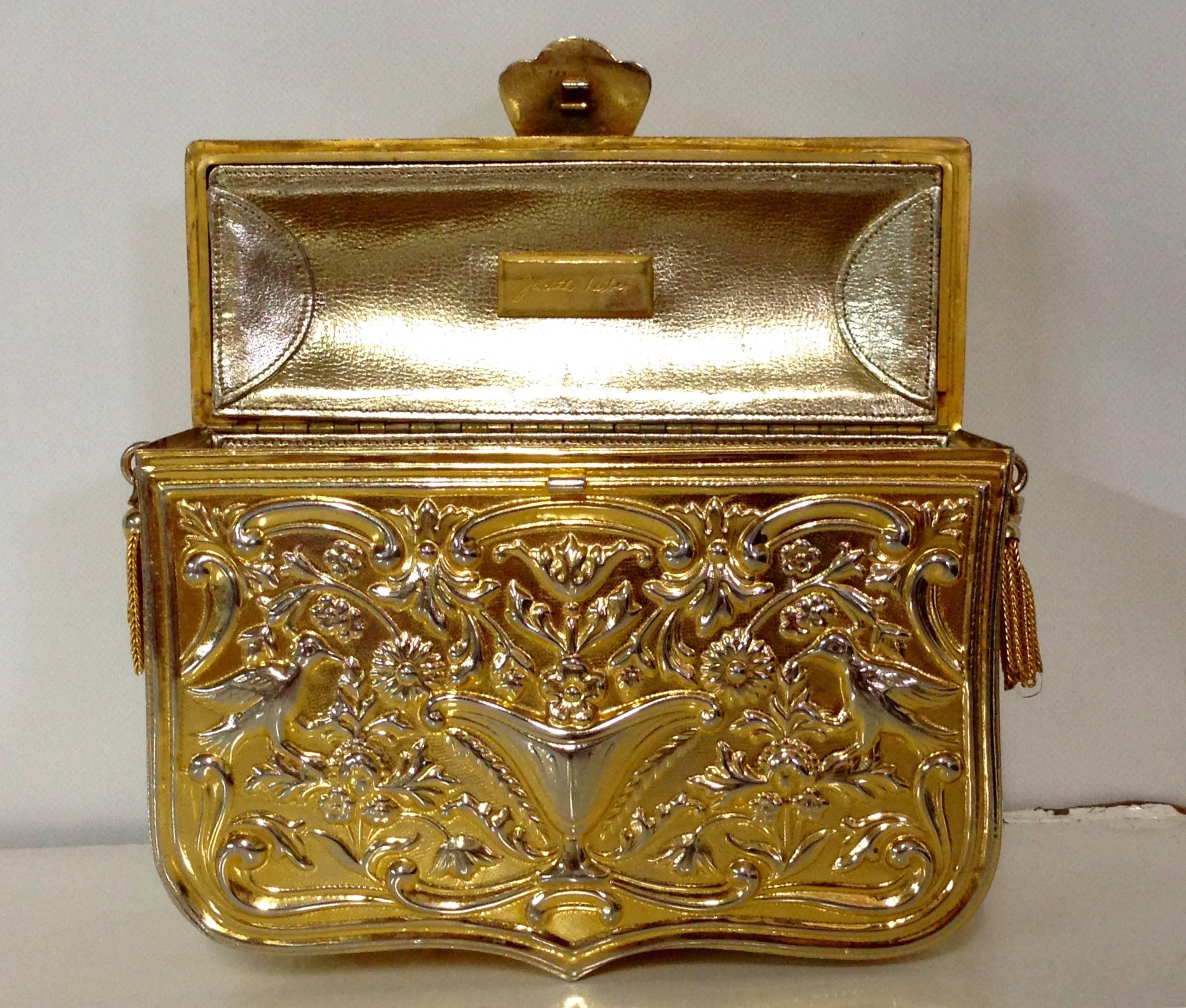 Italian Judith Leiber Gold Tone Metal Hard Case Handbag