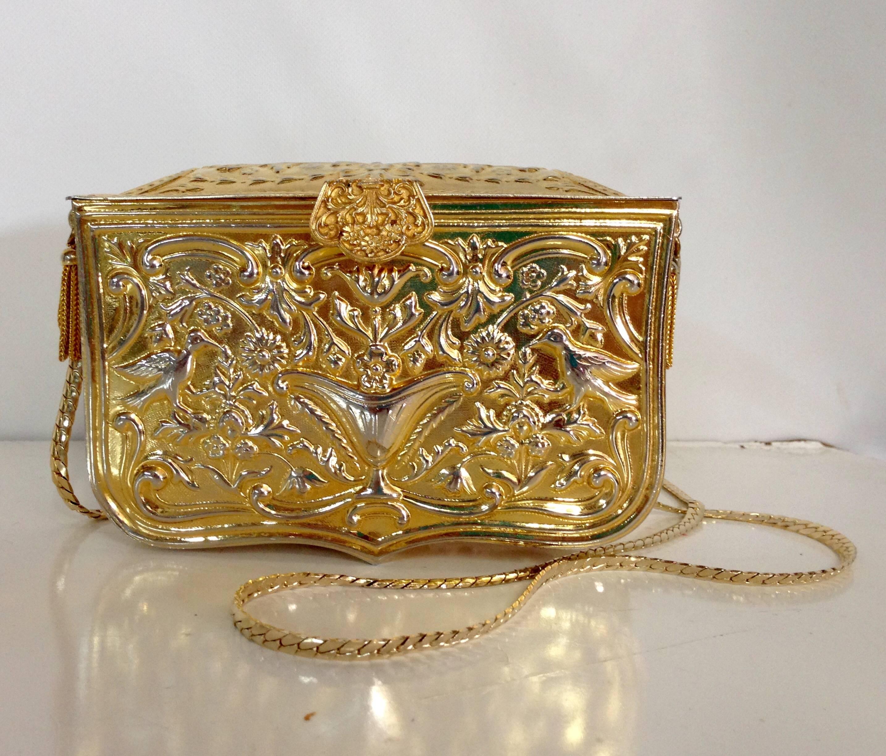 Rare 1960s Judith Leiber gold and silver two tone metal box handbag. Singed, Judith Leiber and made for Saks Fifth Avenue. Gold leather interior and 19