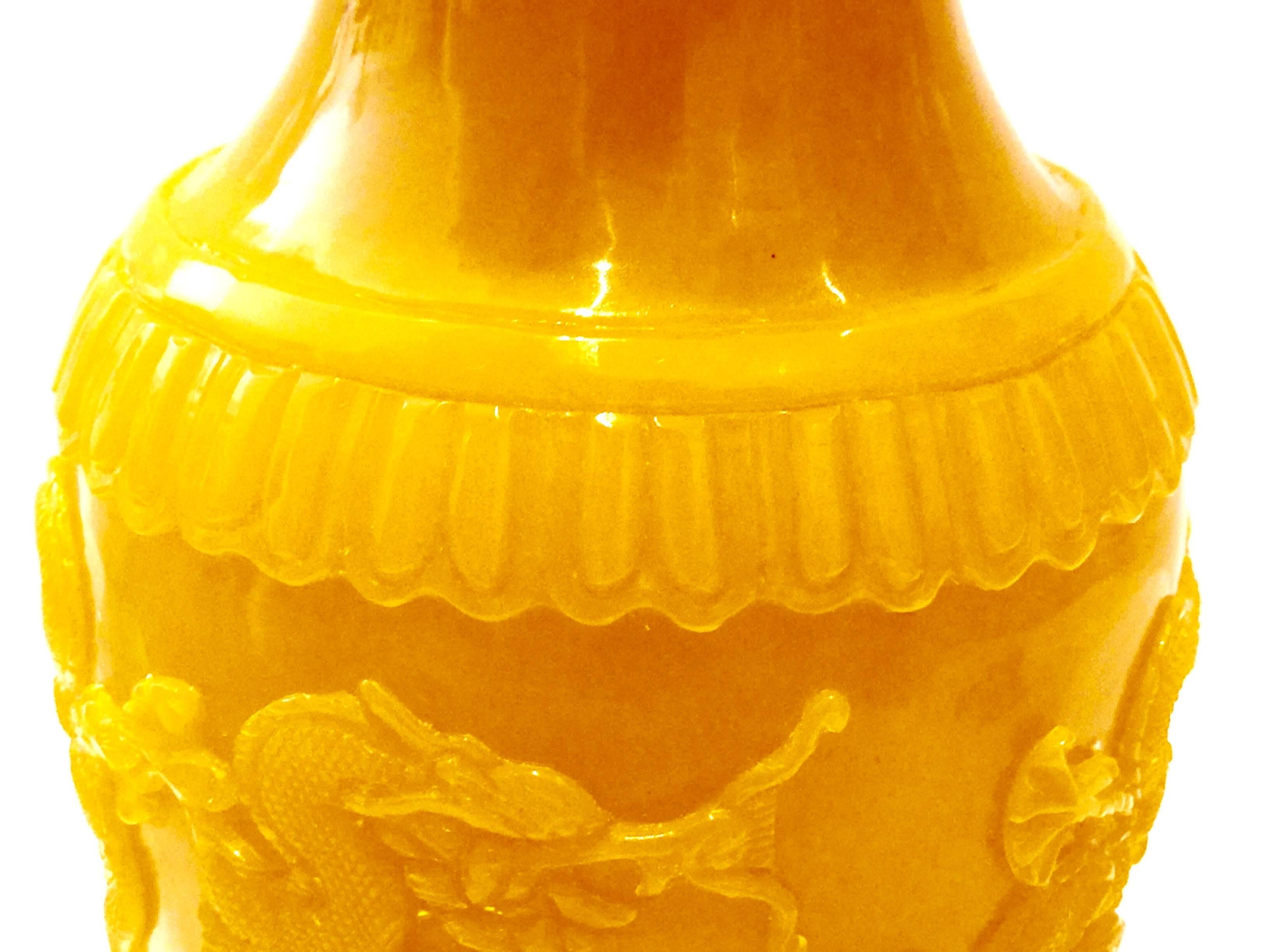 Chinese VIntage Imperial Yellow Peking Carved Glass Vase, 