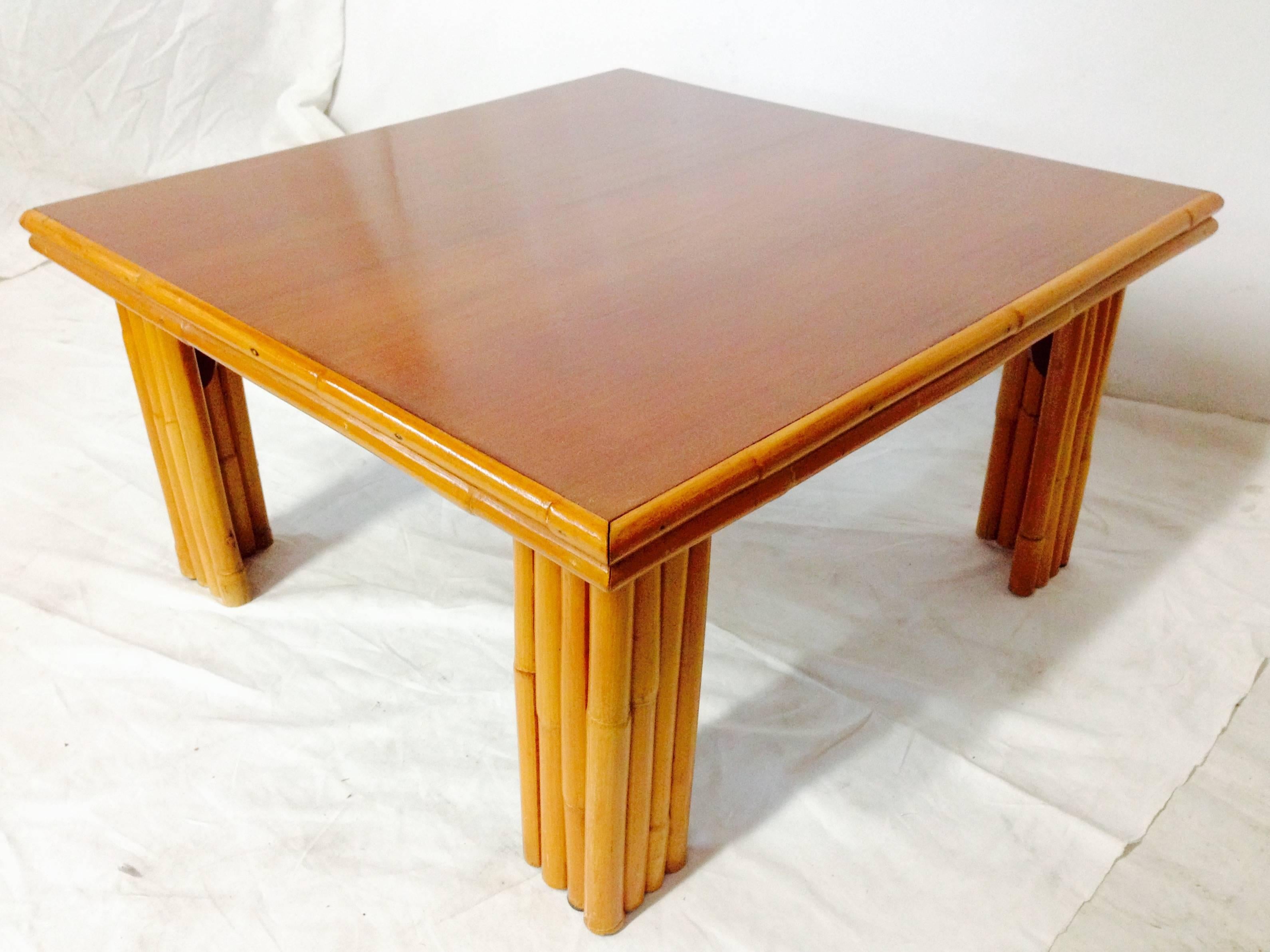 Paul Frankl designed, rattan two-tier, two-piece coffee or end table. Table tops finished in mahogany. Each piece is signed and numbered 