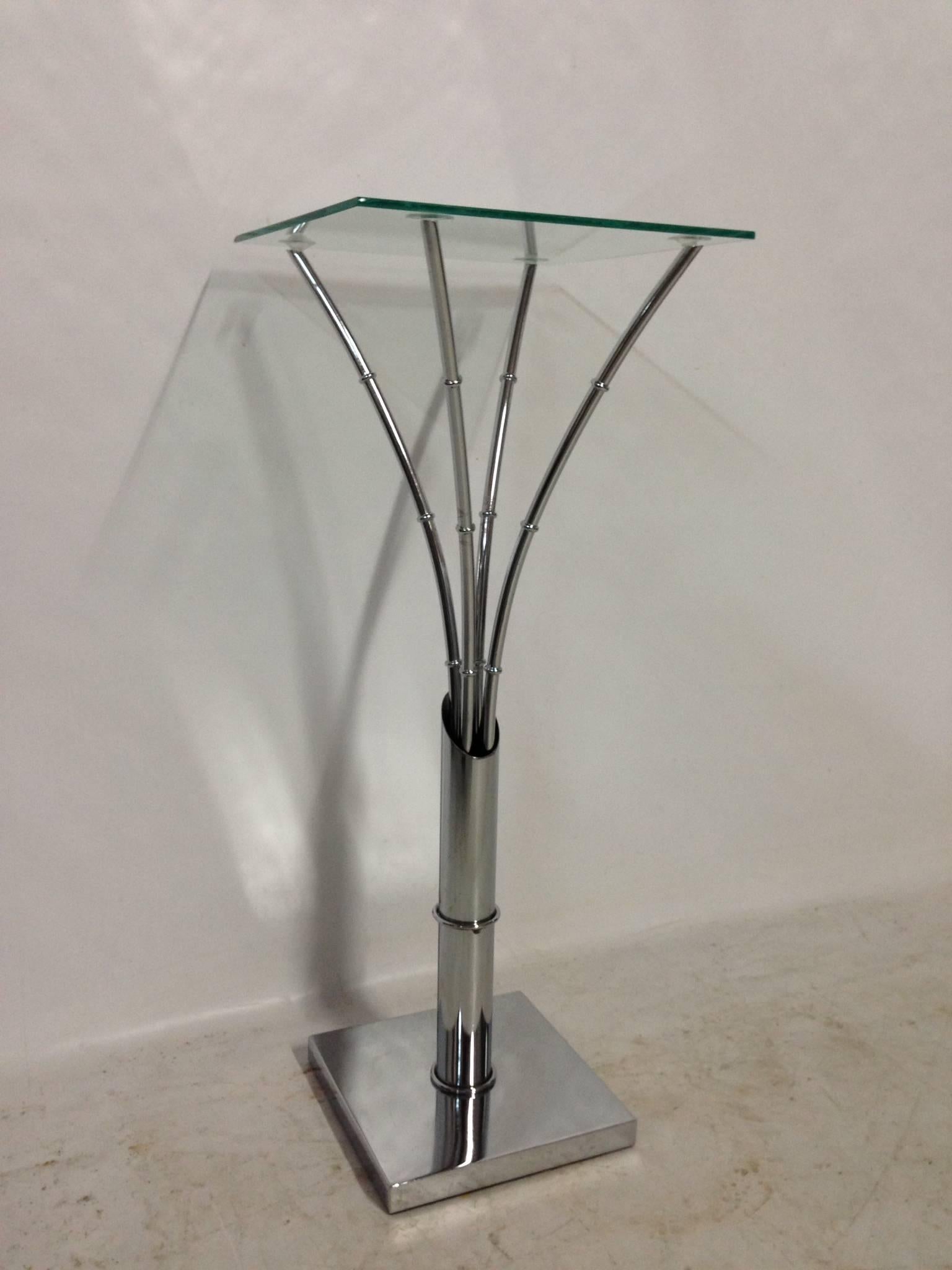 Modern 70's Pair Of Chrome Faux Bamboo Glass Top Side Tables For Sale