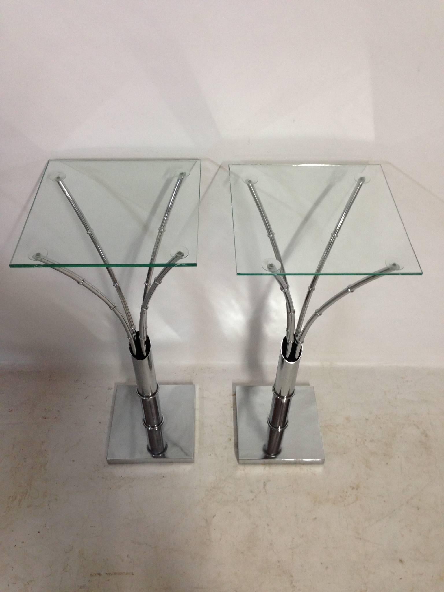 1970'S Modern Pair of chrome faux bamboo & glass top tall side tables. The glass top measures 14