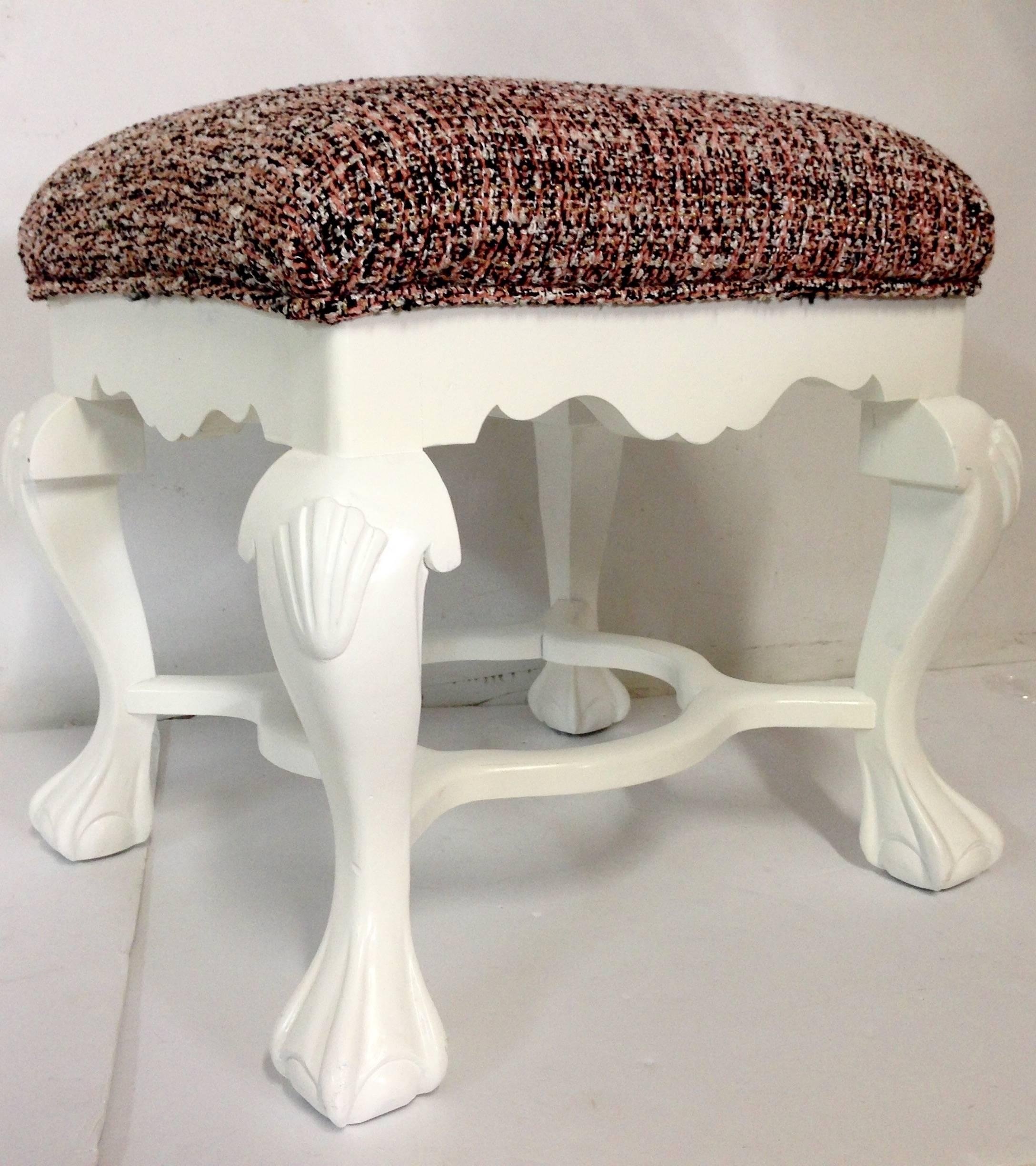 Large, carved Queen Anne-style ottoman or bench. Newly finished in white lacquer paint and reupholstered in black, white and pink Chanel - style vintage wool bouclé́ fabric. Fabric is in excellent vintage condition.
2 available.
 