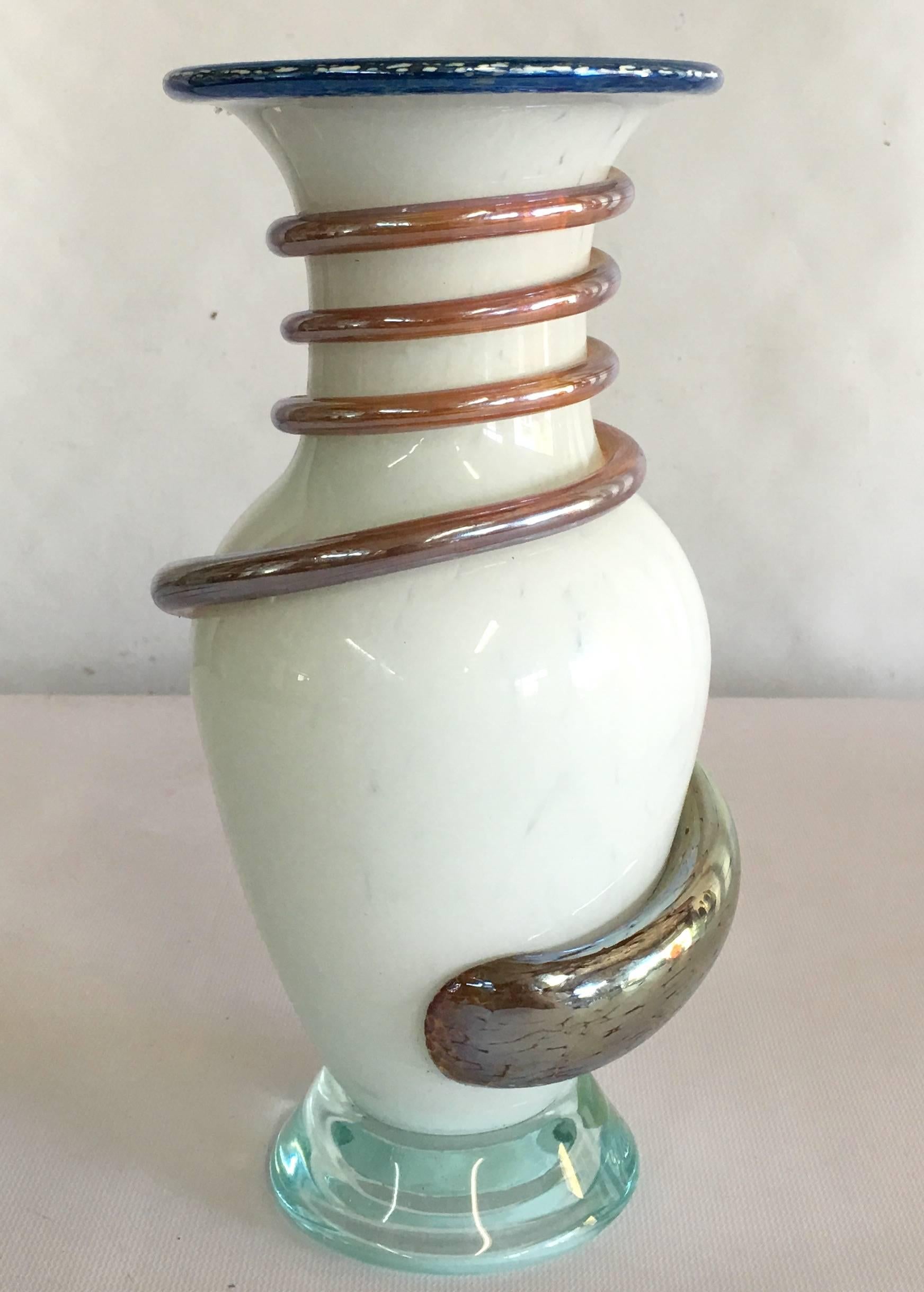 2003 Jeau Bishop handblown glass vase. This Classic vase is an original handblown glass art sculpture and signed on the front of the base, Jeau 2003.
 