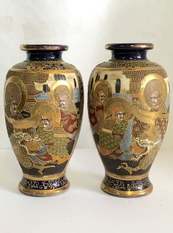 Pair of Japanese Cobalr Satsuma Moriage Vase, Signed at 1stDibs