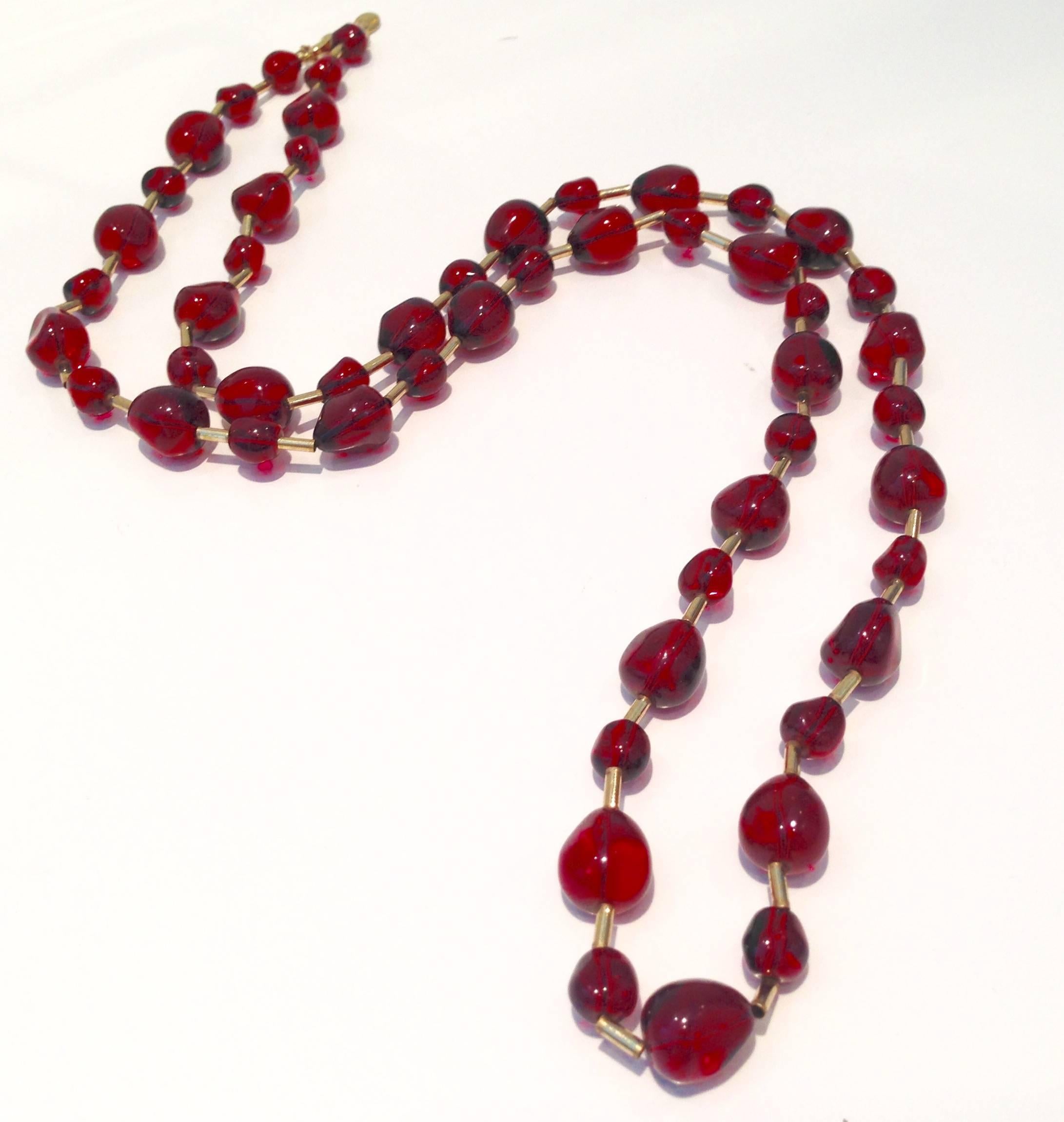 Organic Modern KJL Opera Length Ruby Red Bead and Gold Plate Necklace, Signed