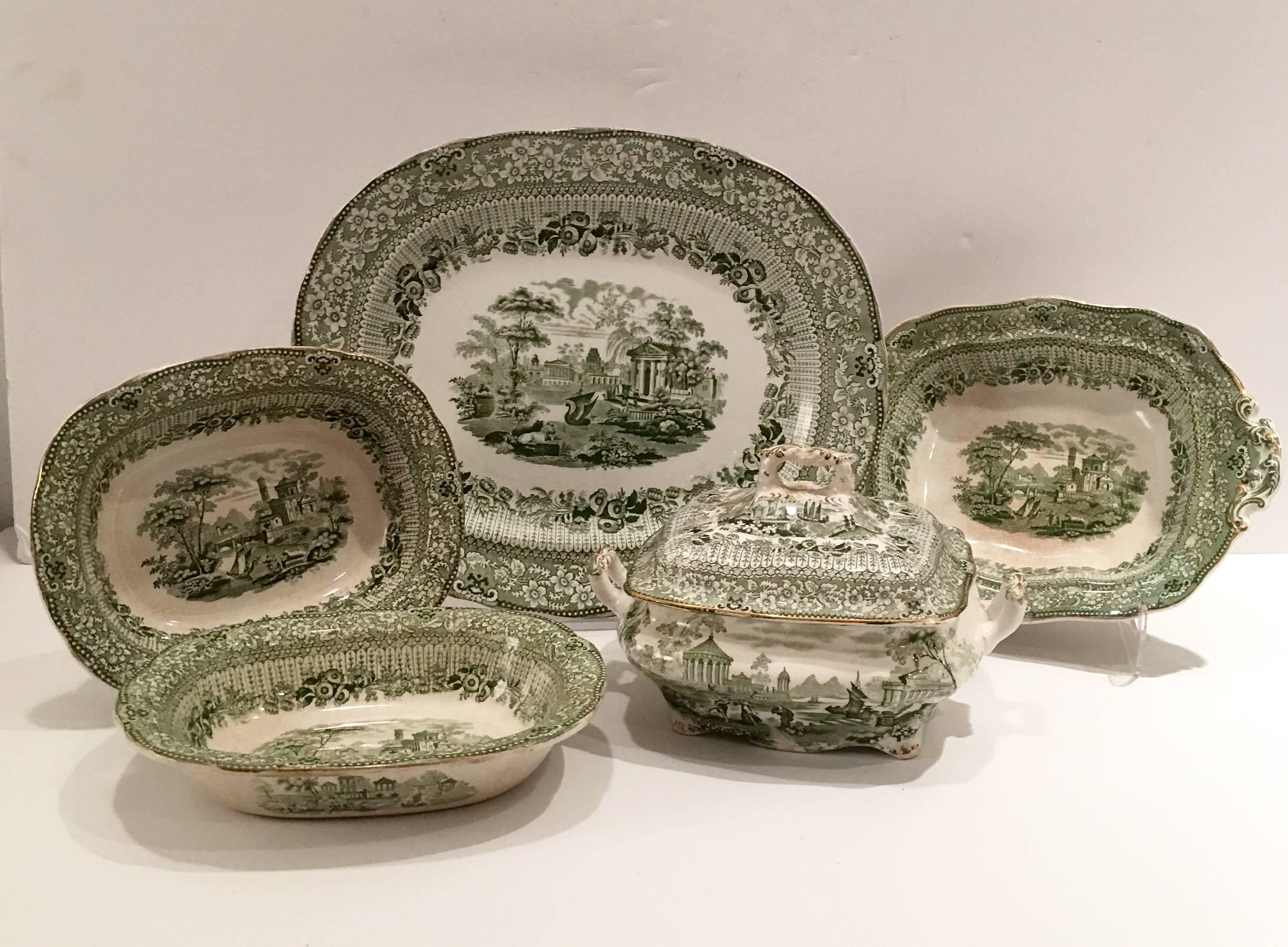 Rare antique William Ridgways "Grecian Green" China serving piece set of six. Central "Grecian" scenes motifs. Scalloped and 22-karat gold detail edge.
Set includes, two oval vegetable bowls, one large oval platter, one square