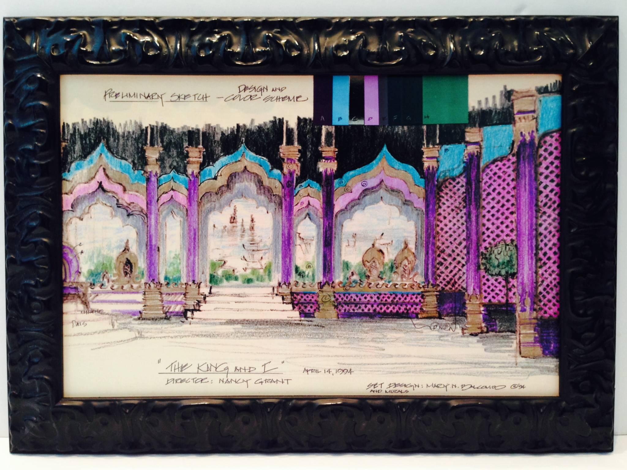 1994 hand drawn in pencil on paper sketch set design and color scheme for ‘The King And I’ by, Mary N. Balcomb. Signed lower right. Framed under archival glass in a black lacquer wood frame.
Image size, 16.5