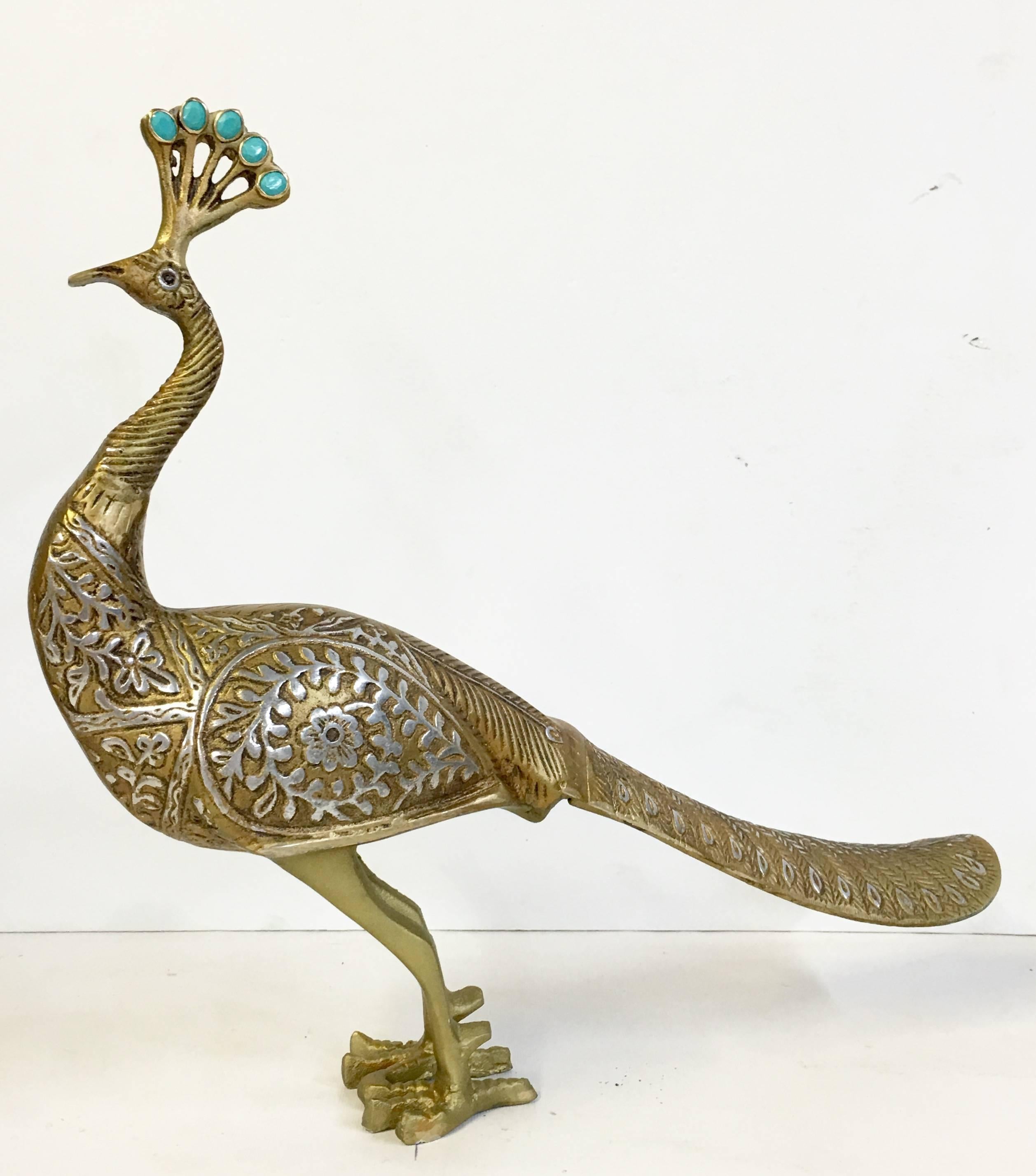 Vintage two tone silver and gold solid brass carved male peacock standing sculpture statue. Faux turquoise double sided cabochon set stones at crown.