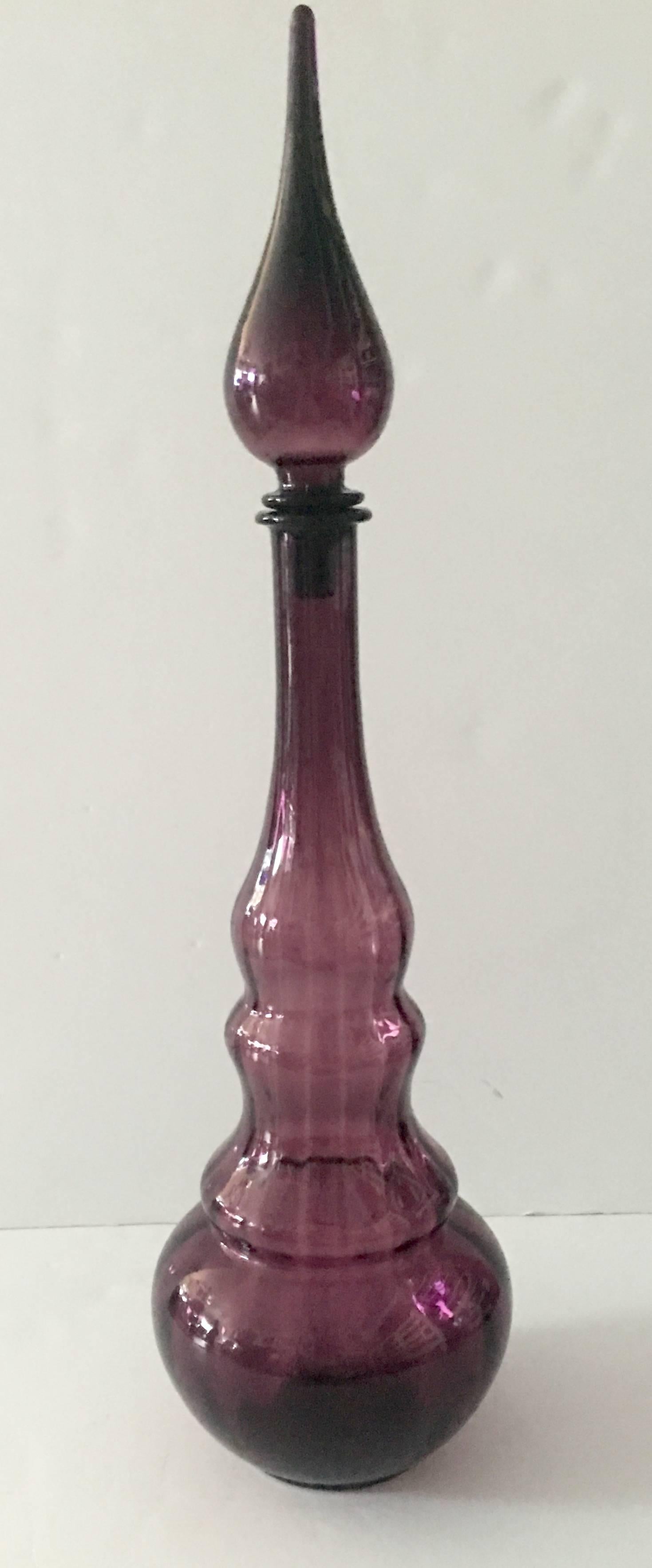 Stunning Italian Mid-Century amethyst optic art glass gourd and genie style decanter with stopper.