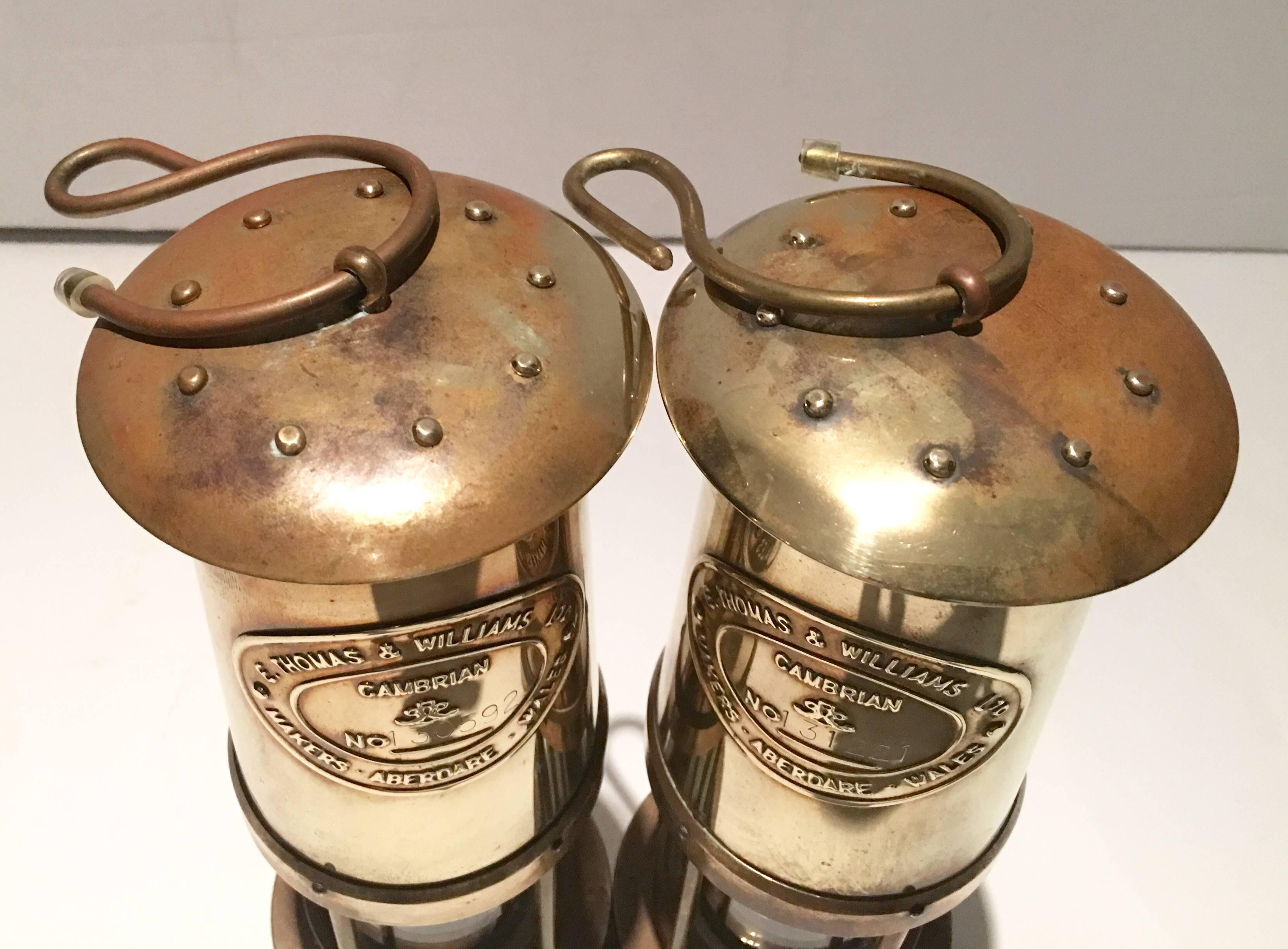 20th Century Pair of British Brass Hanging Miners Lanterns by, E. Thomas & Williams-Wales