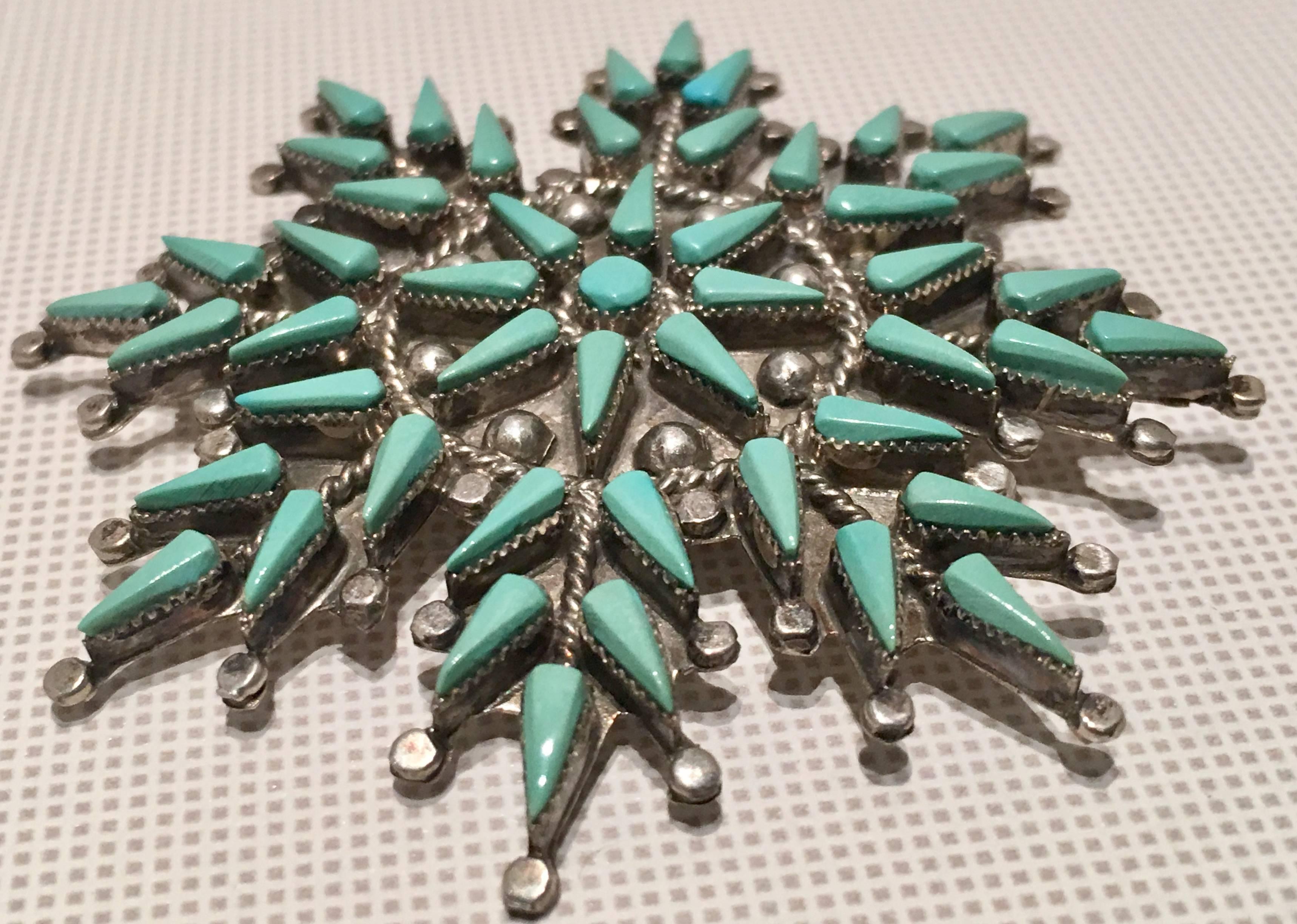 Vintage Zuni Sterling and Turquoise Native American Brooch, Signed In Excellent Condition In West Palm Beach, FL