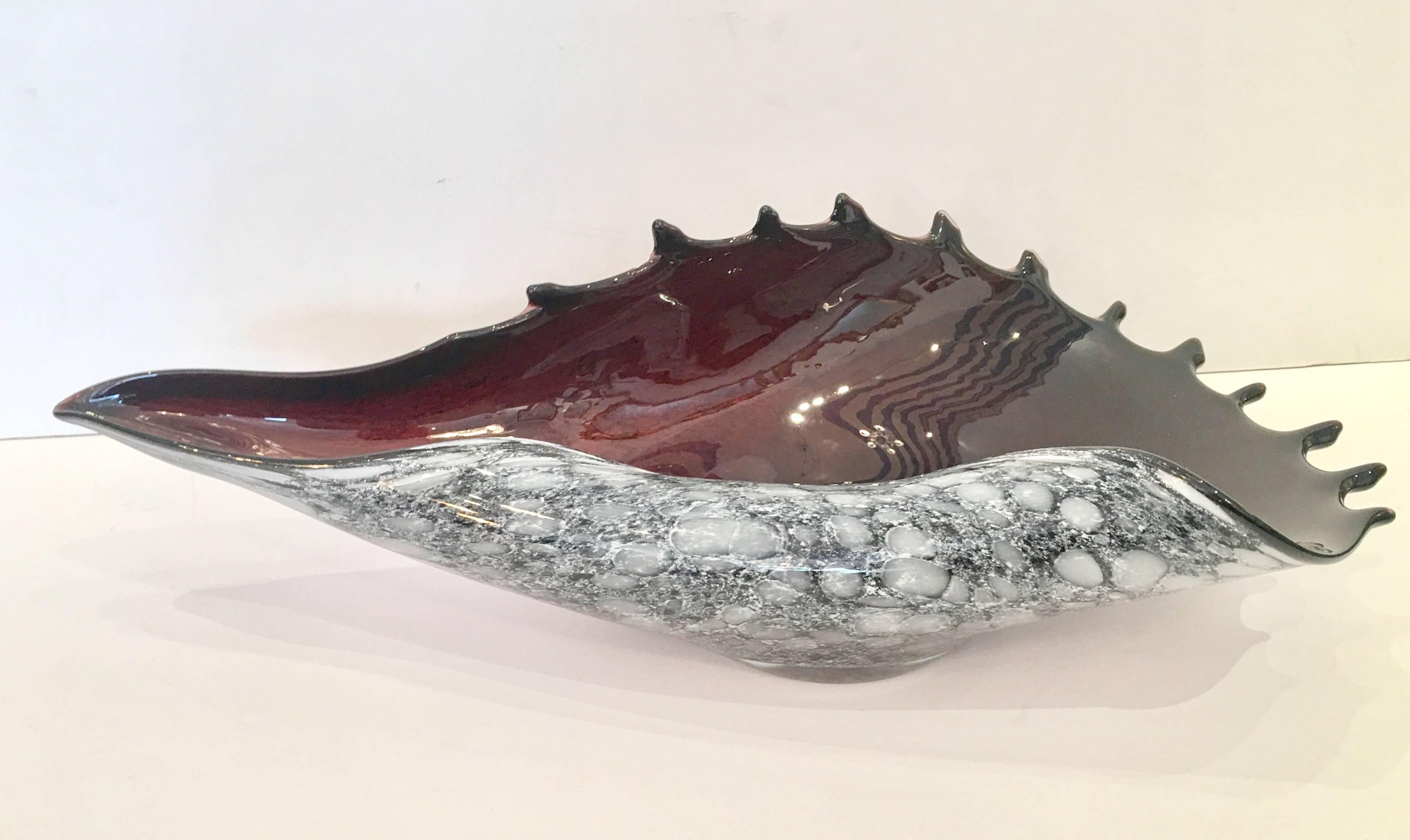 Vintage Italian Murano glass organic form shell center piece bowl in amethyst, black, white and silver in the style of Archimede Seguso.