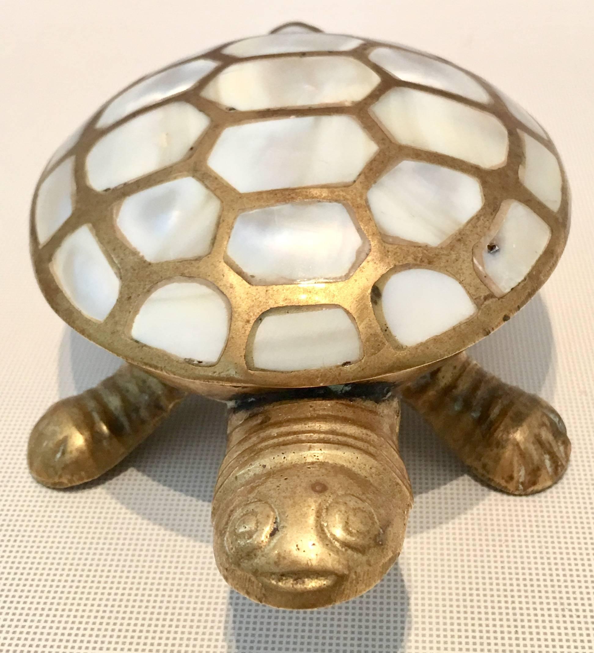 S/3 Vintage Brass and Mop Inlay Sculptural Turtle Boxes In Excellent Condition In West Palm Beach, FL