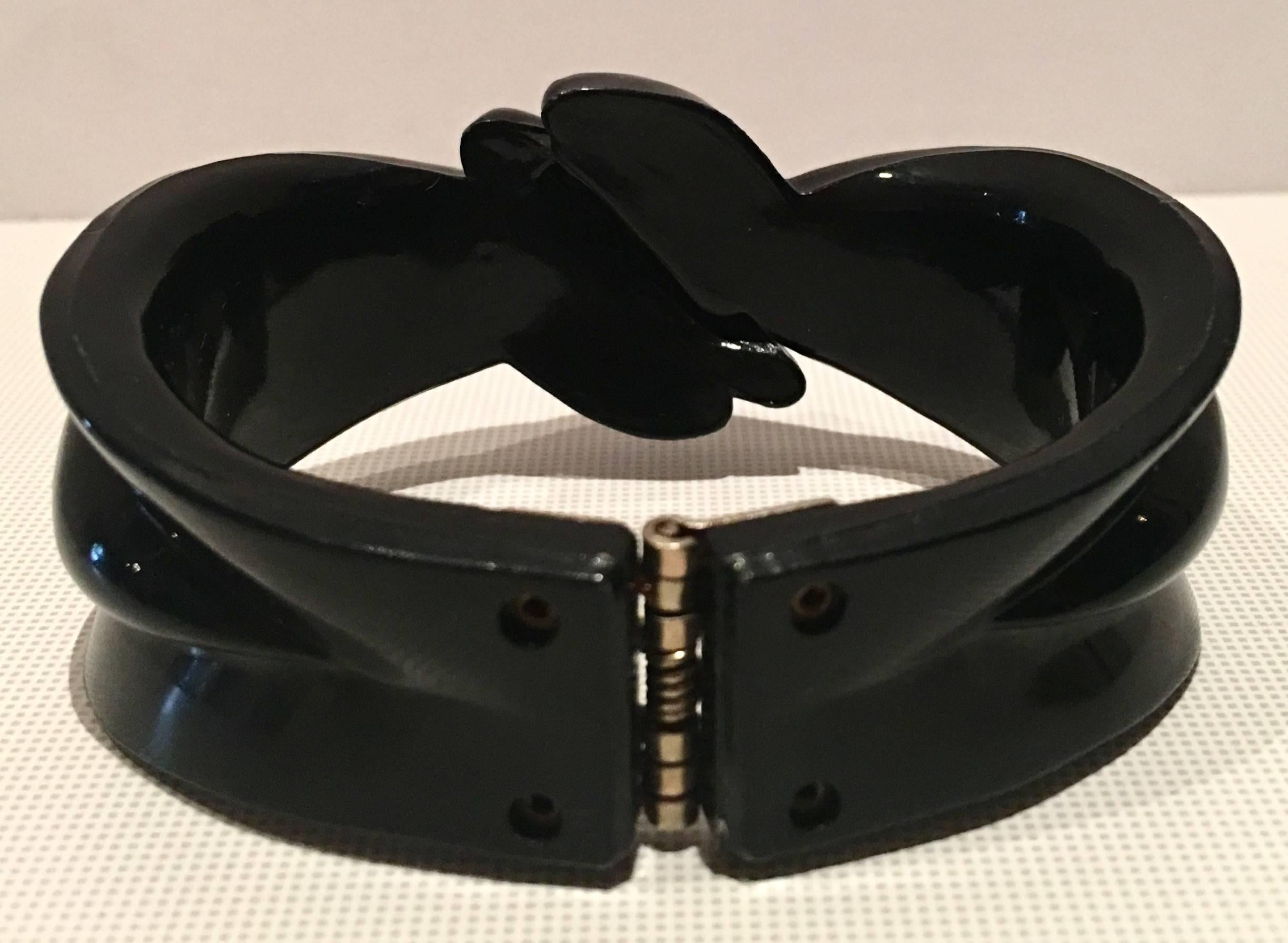 20th Century 1940s Black Thermoplastic Deeply Carved Clamper Bracelet For Sale