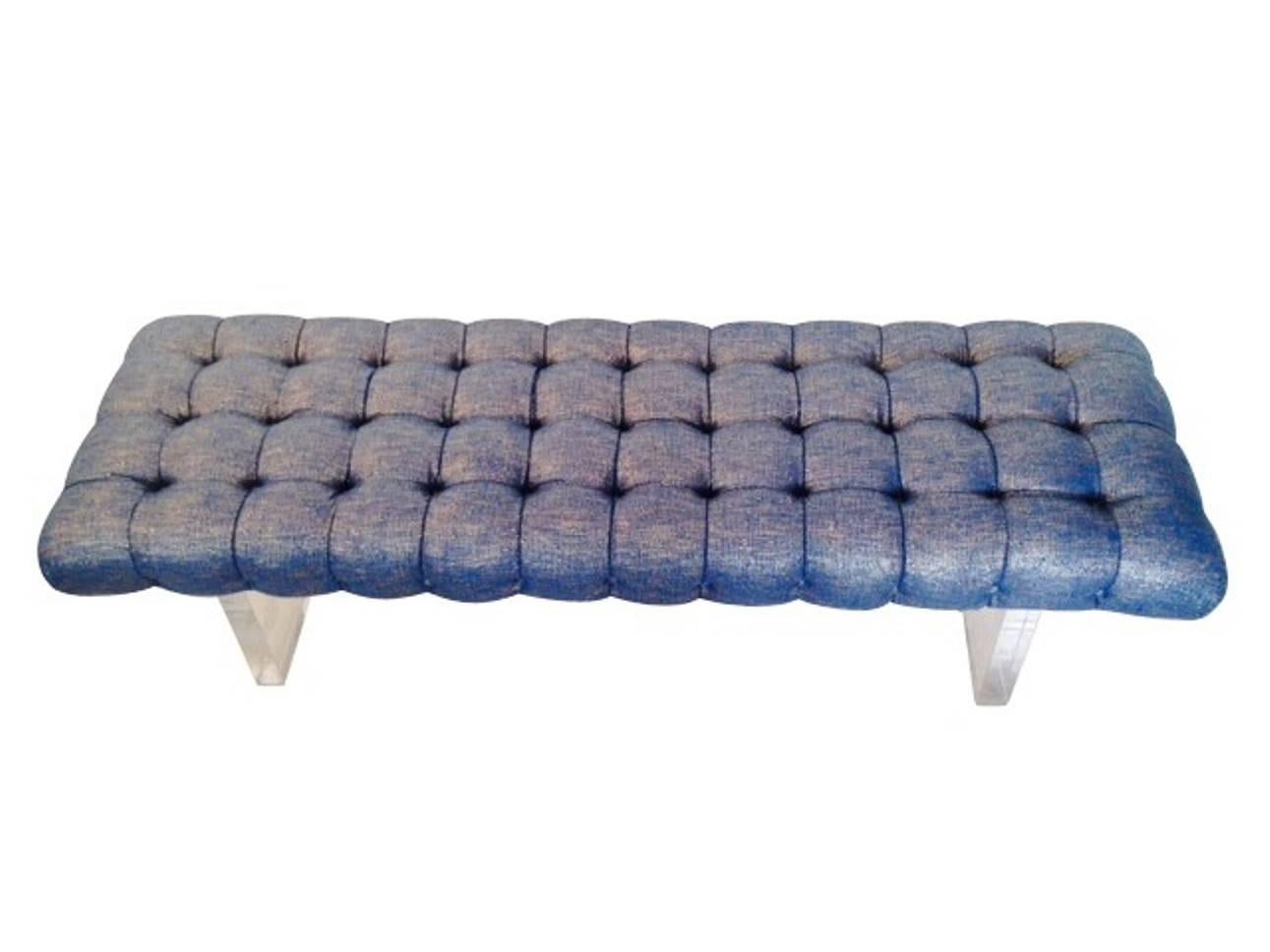 Contemporary custom fabricated Lucite bench with a tufted seat cushion in shimmering metallic silver and blue woven silk, wool and linen linen fabric from Romo. Bench legs are constructed from a 2
