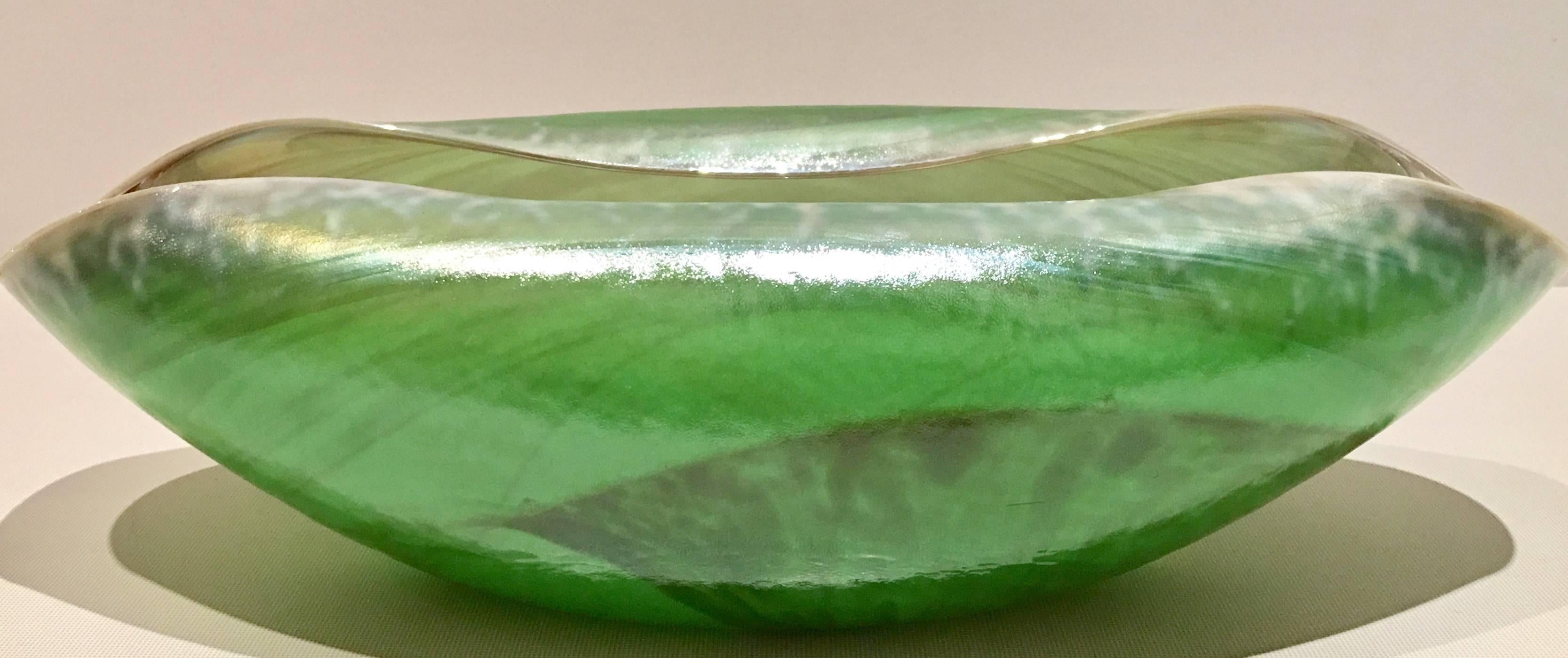 Rare organic form shell Italian Murano glass green and pink iridescent rainbow bowl. Partial original manufacturer sticker present.