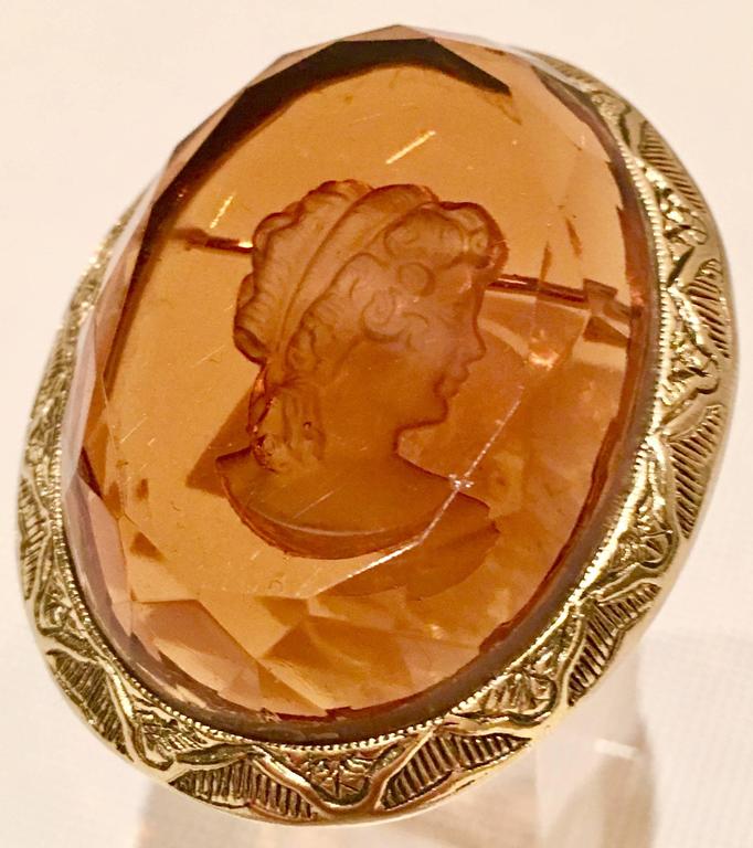 Vintage Citrine Carved Glass Cameo Set In Gold Brooch Or Pin At 1stdibs