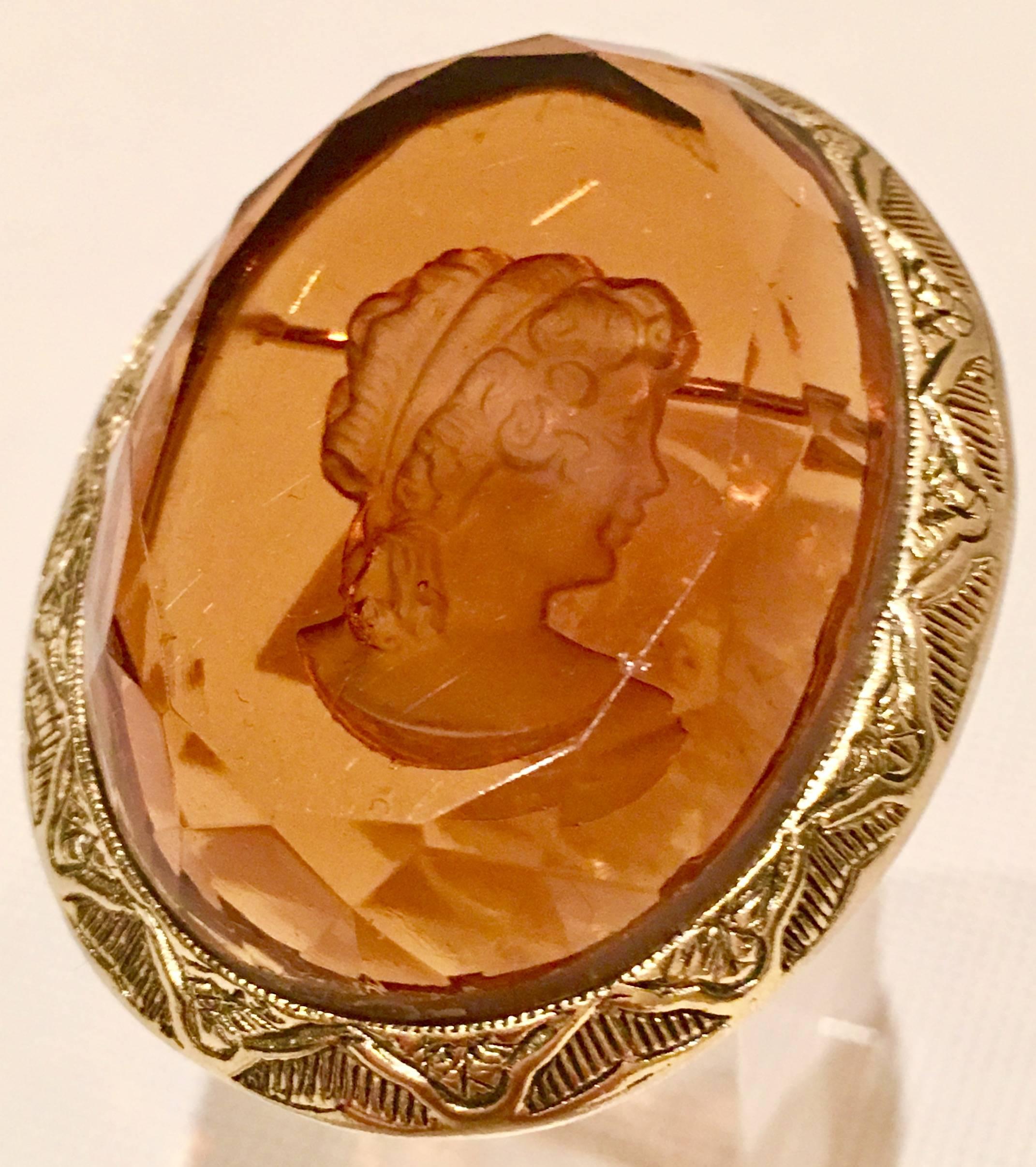 Edwardian Vintage Citrine Carved Glass Cameo Set in Gold Brooch or Pin
