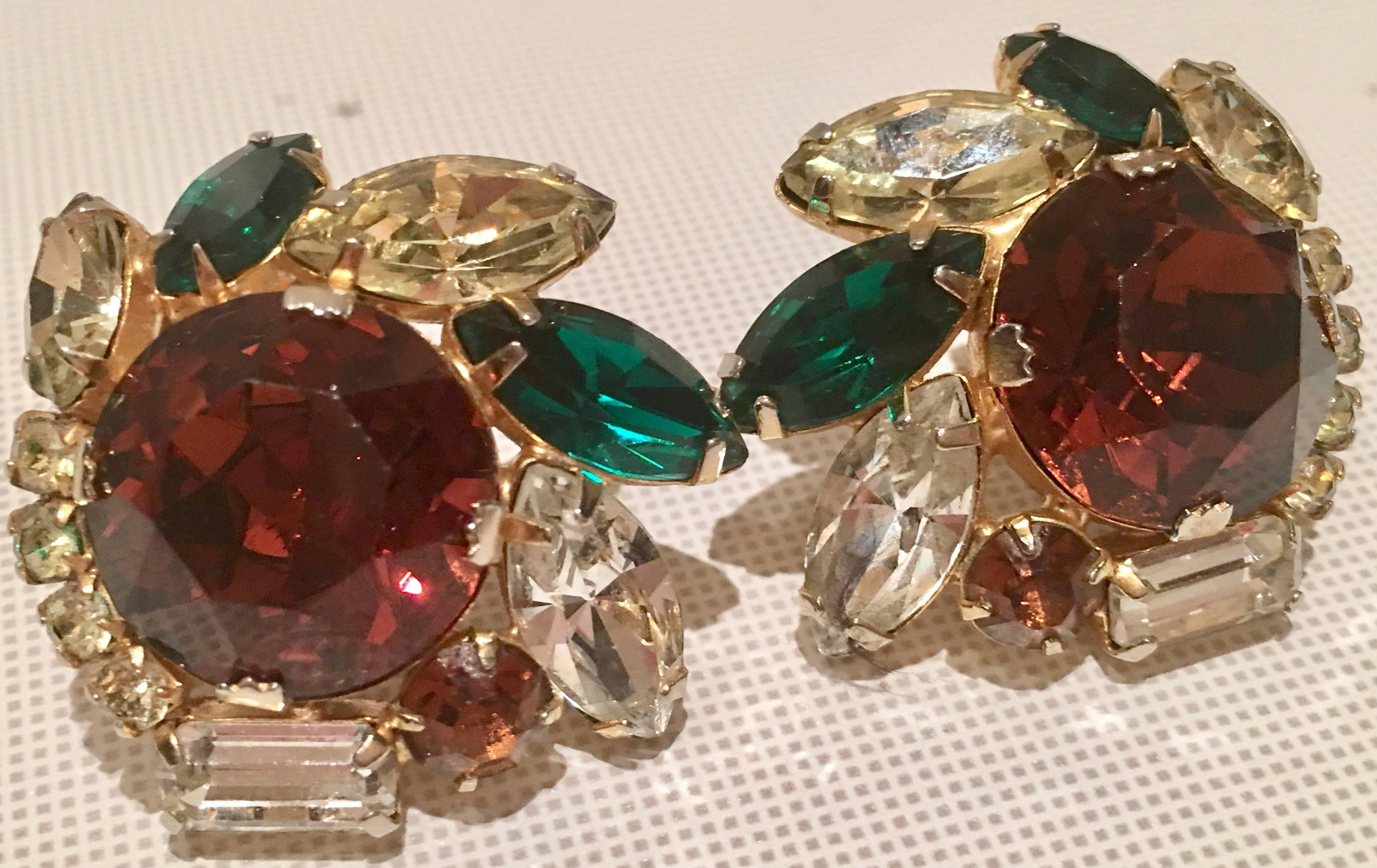 1960s Pair of Austrian Crystal Gold Plate Earrings by Hobe In Excellent Condition In West Palm Beach, FL