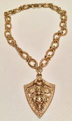 Vintage Gold "Bergere" 3D Knights Shield Pendant Necklace