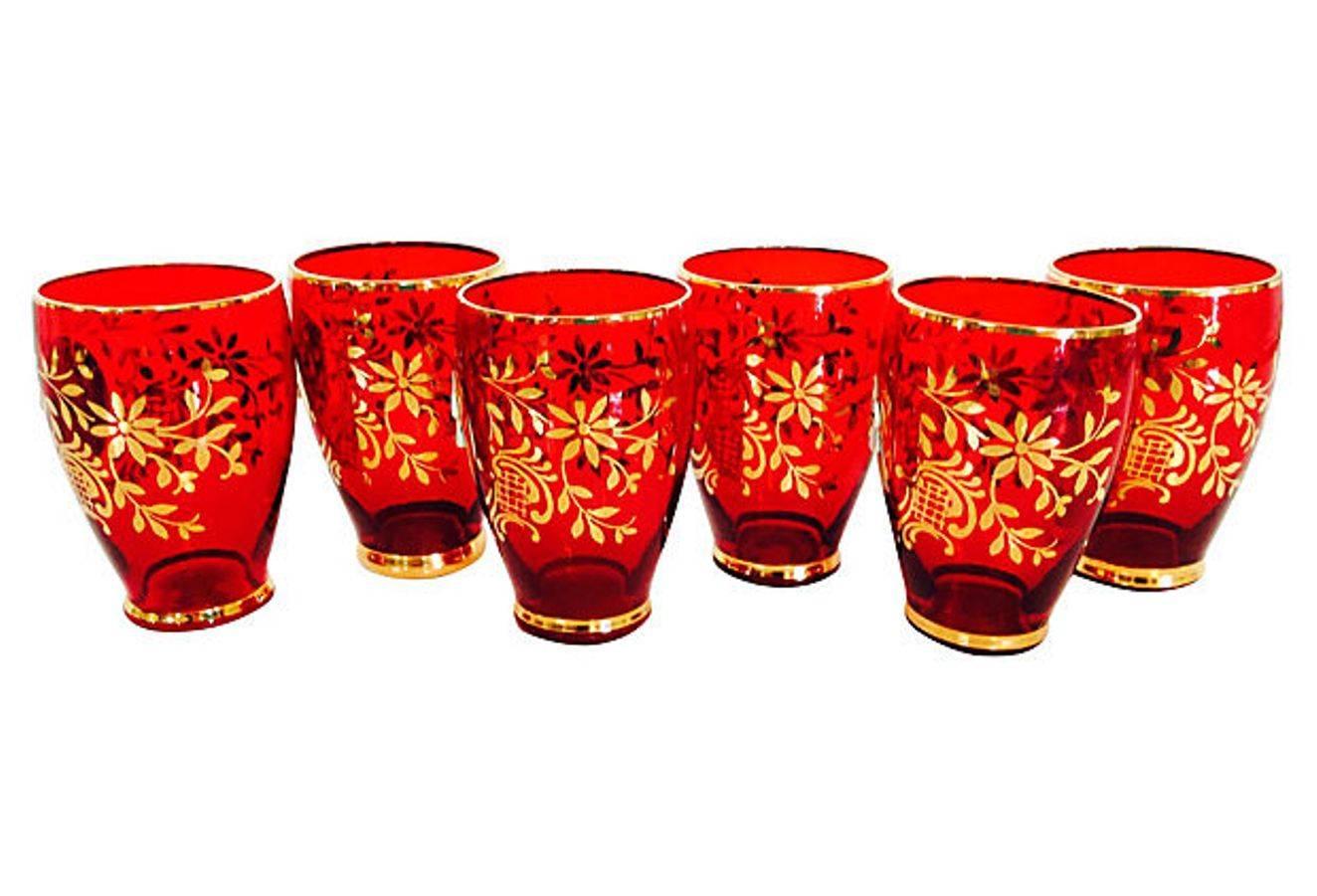 Italian Venetian Glass Hand-Painted 18-karat Gold Drinks S/8 In Excellent Condition In West Palm Beach, FL