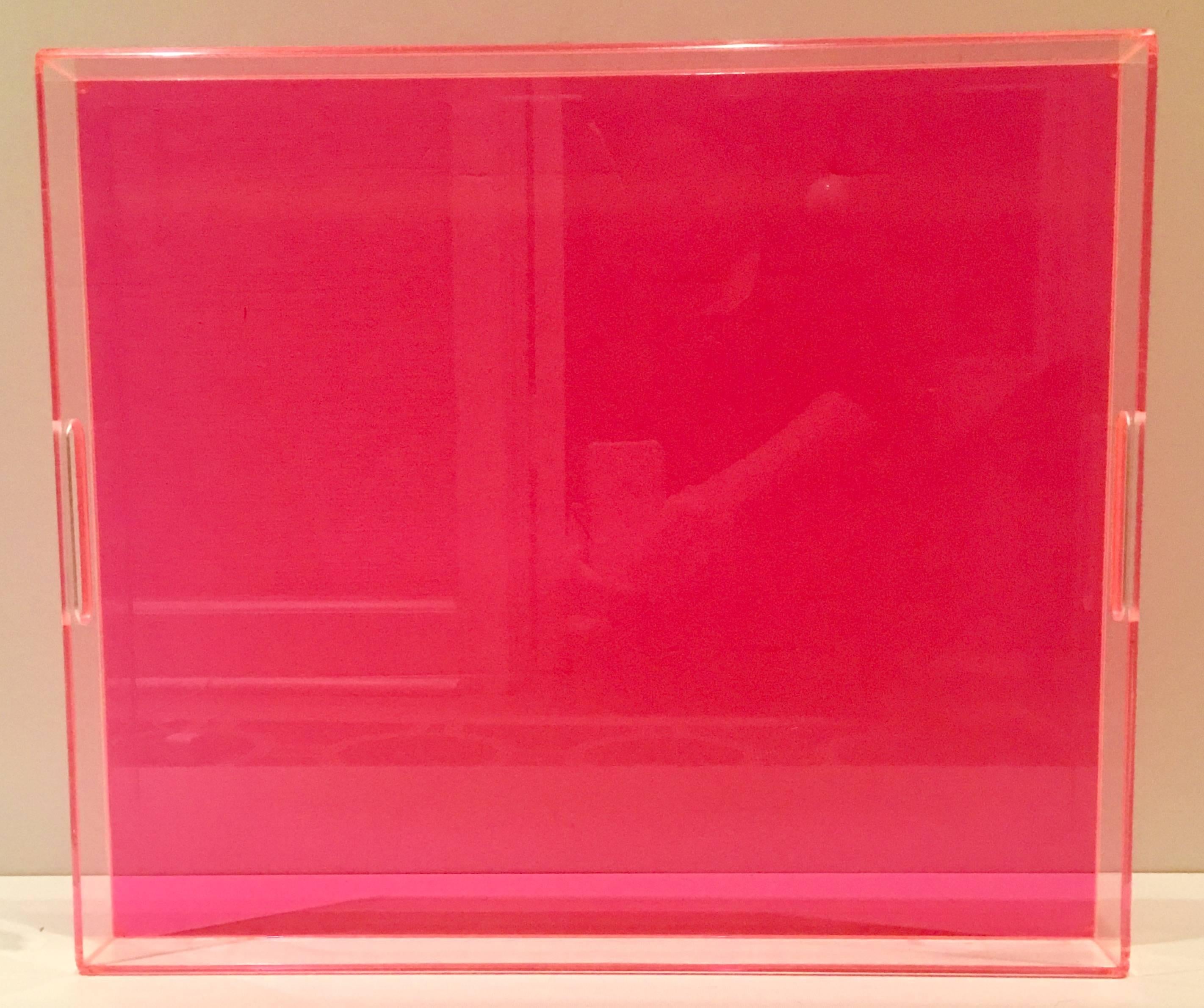 21st Century Modern Custom Made Pink Lucite Cut-Out Handle Tray In Excellent Condition In West Palm Beach, FL