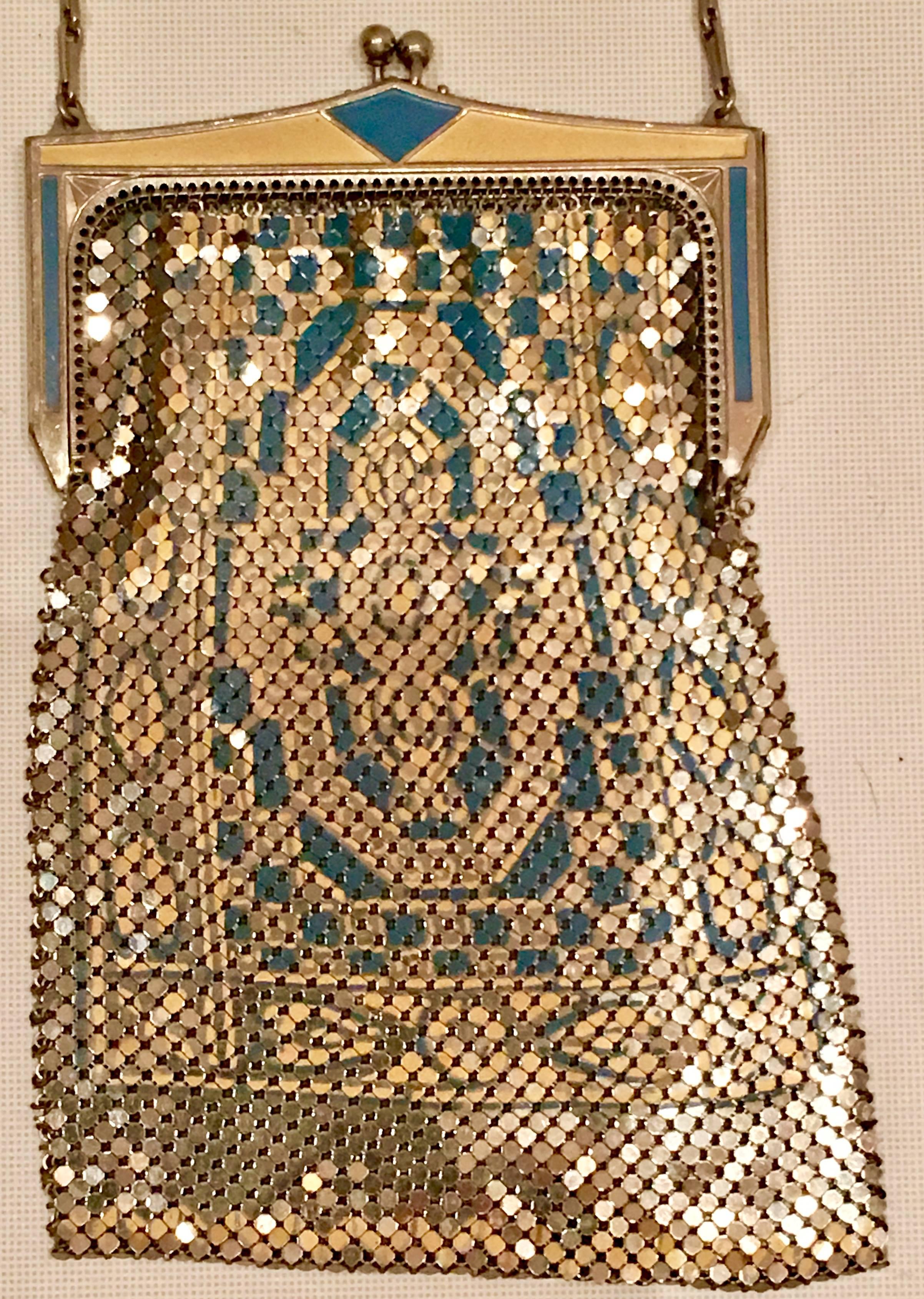 1920s Art Deco gold, silver and turquoise Persian carpet pattern gold mesh metal and enamel flapper bag by Whiting & Davis signed on the Interior frame. Width without chain strap, 7