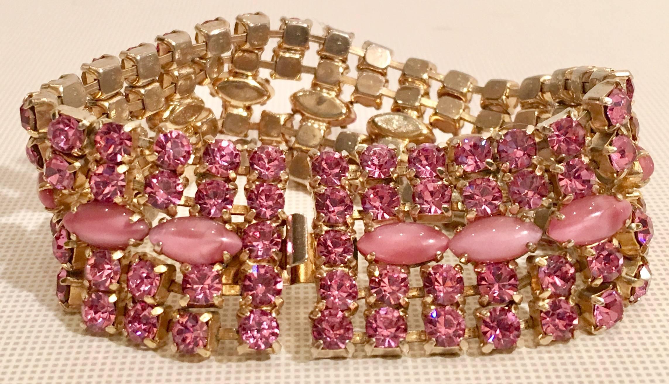Metal Vintage Pink and Opal Gold Set Rhiestone Link Bracelet