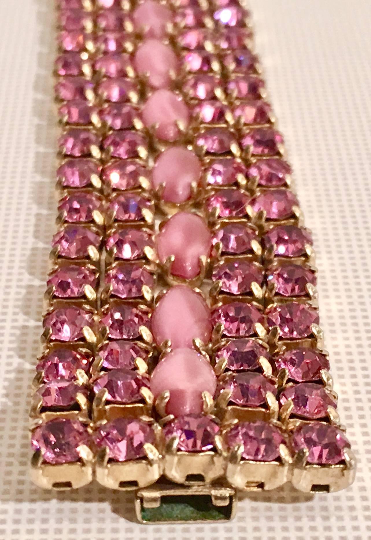 Vintage Pink and Opal Gold Set Rhiestone Link Bracelet 1