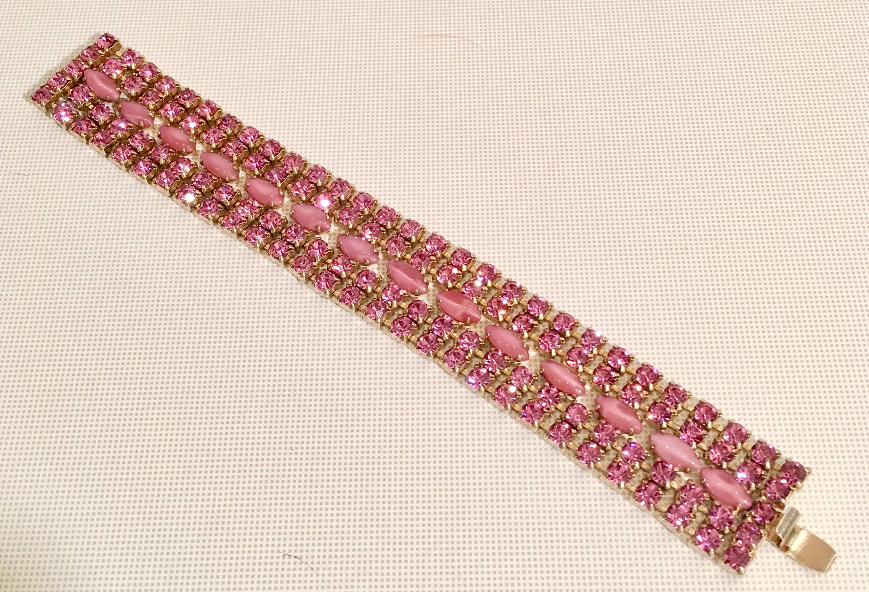 Vintage Pink and Opal Gold Set Rhiestone Link Bracelet In Excellent Condition In West Palm Beach, FL