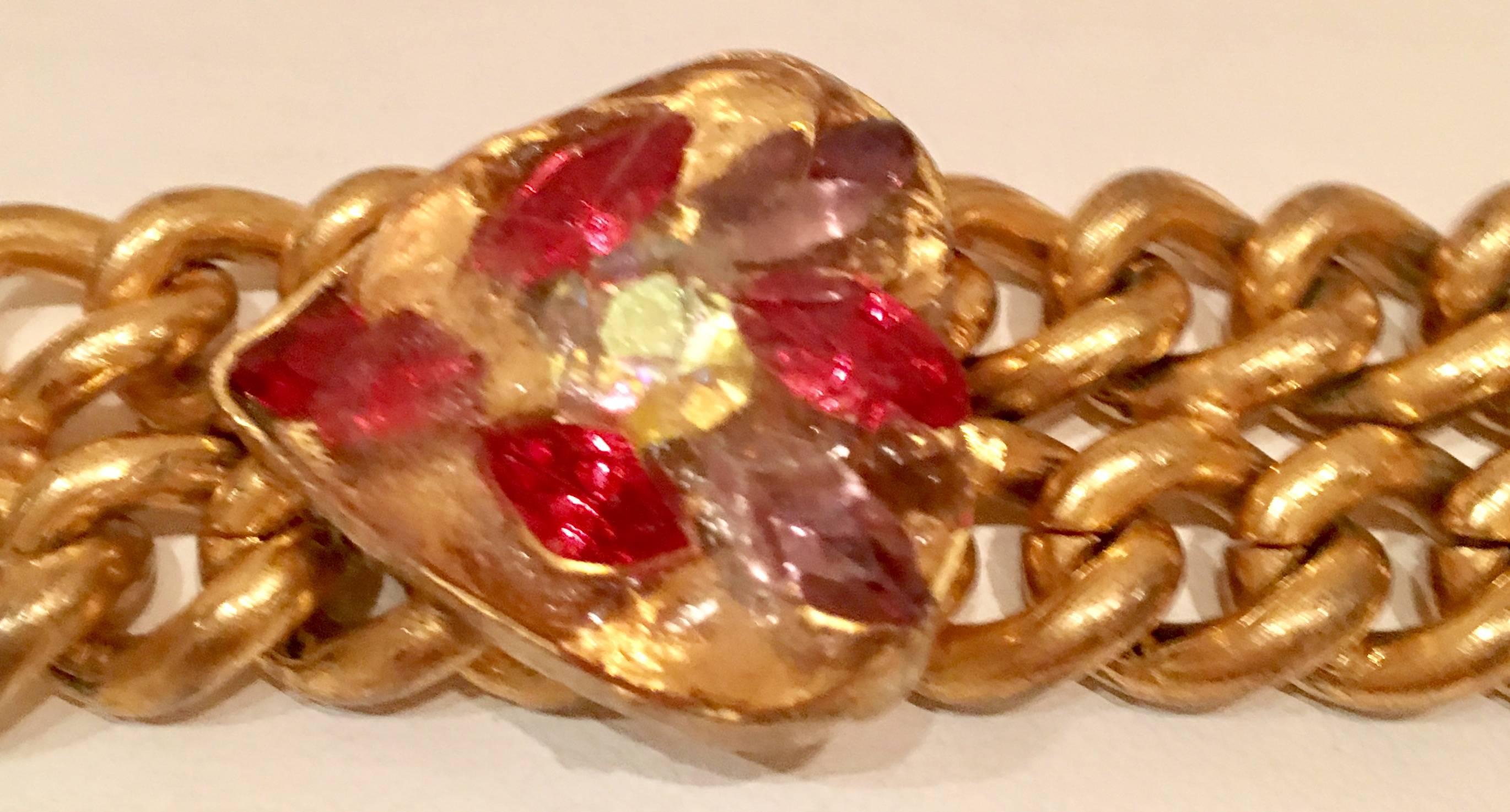 Metal Vintage Double Gold Link Encased Glass Heart Bracelet For Sale
