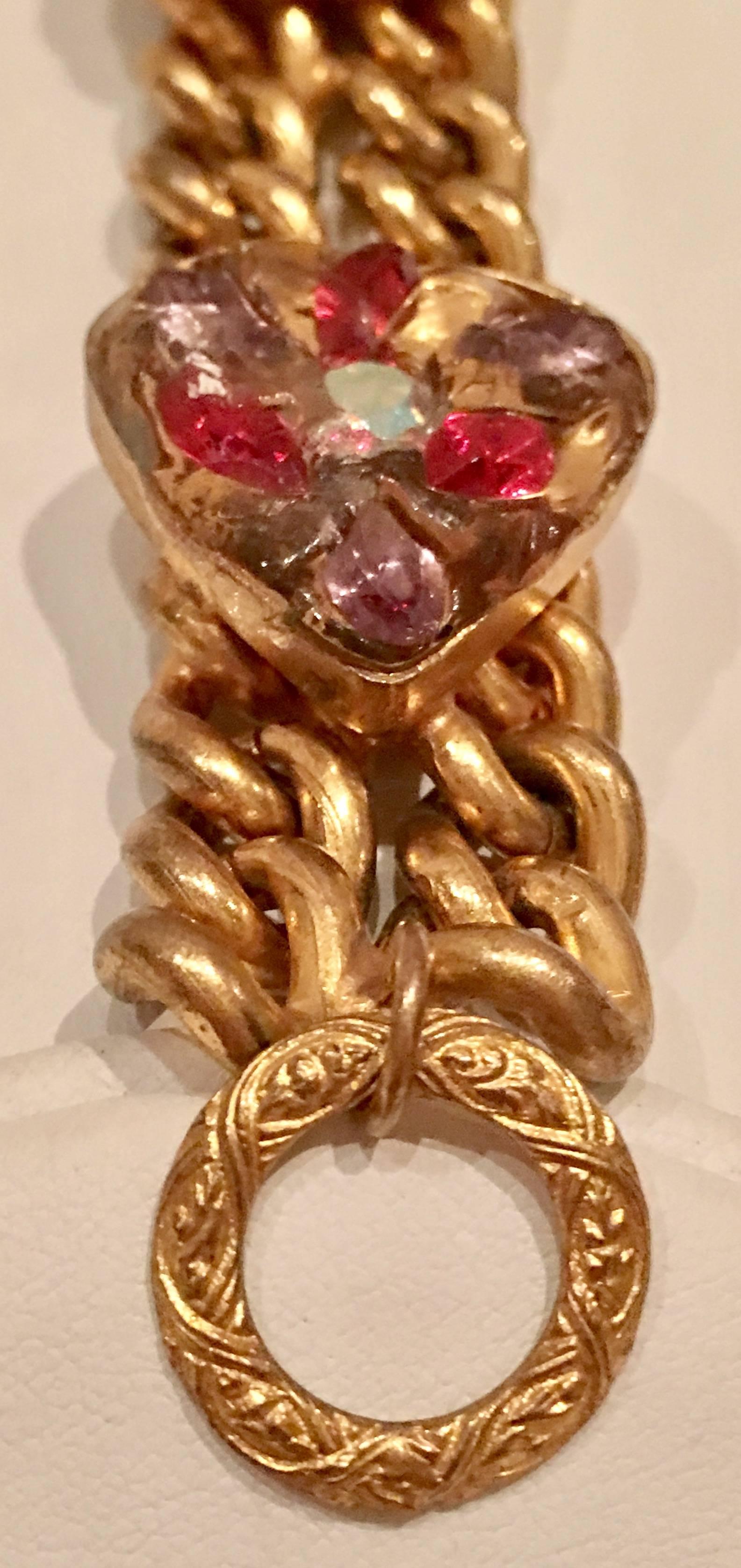 20th Century Vintage Double Gold Link Encased Glass Heart Bracelet For Sale