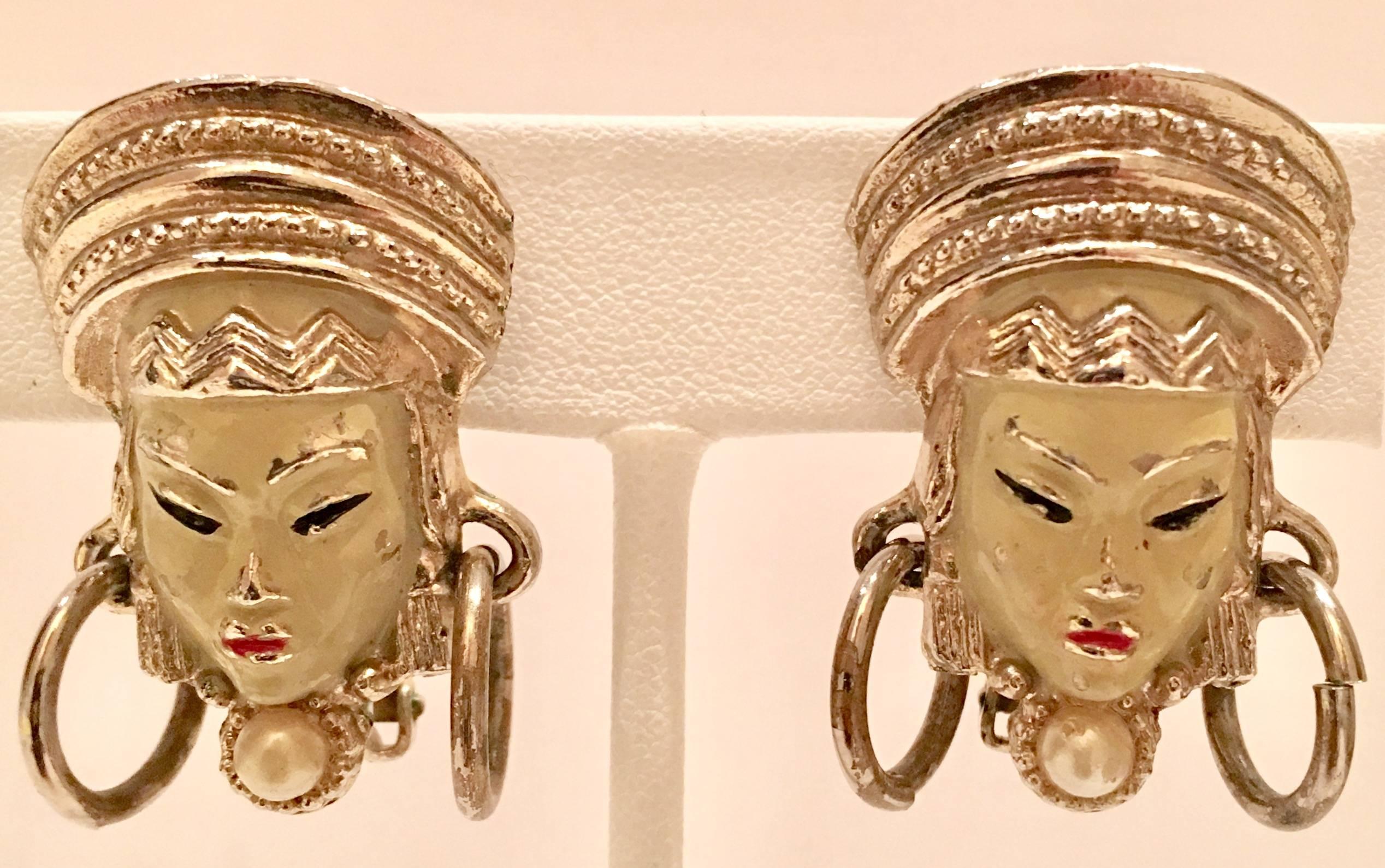 Hand-Painted Vintage Selro Asian Princess Demi Parure Bracelet and Earrings For Sale