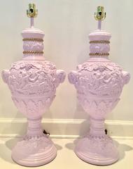 Pair of Neoclassical Lavender Lacquered Cherub and Rams Lamps