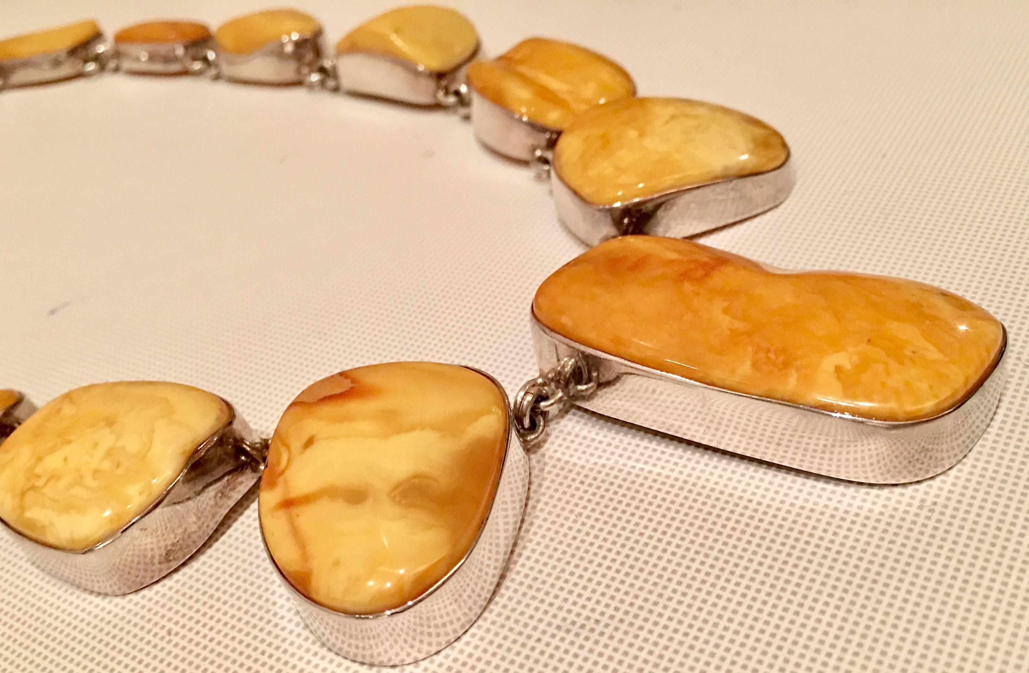 Sterling Silver and Butterscotch Amber Nugget Necklace In Excellent Condition In West Palm Beach, FL