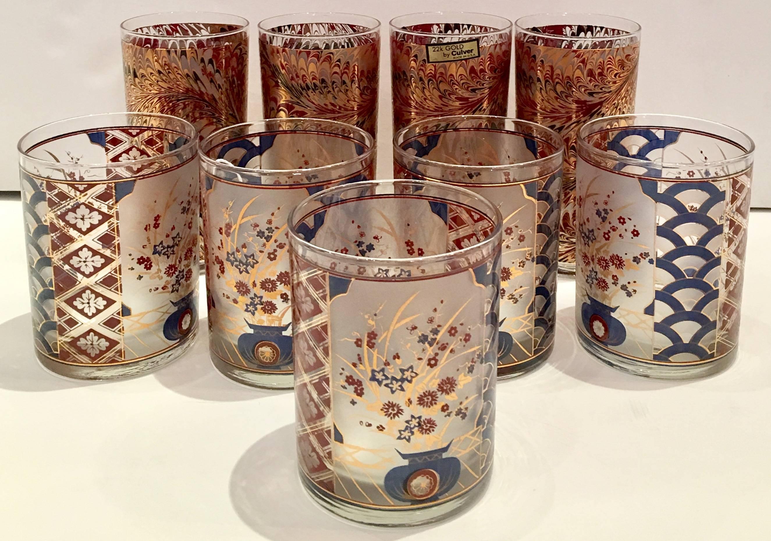 Vintage culver Limited 22-karat paisley and Imari motif nine-piece drinks set. Set includes, four paisley pattern high ball glasses and five Imari pattern double old fashion glasses. Several of the glasses have the original culver Ltd. manufactures