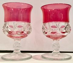 Mid-Century "Kings Crown" Ruby and Clear Cut Crystal Stem Goblets Set of Six