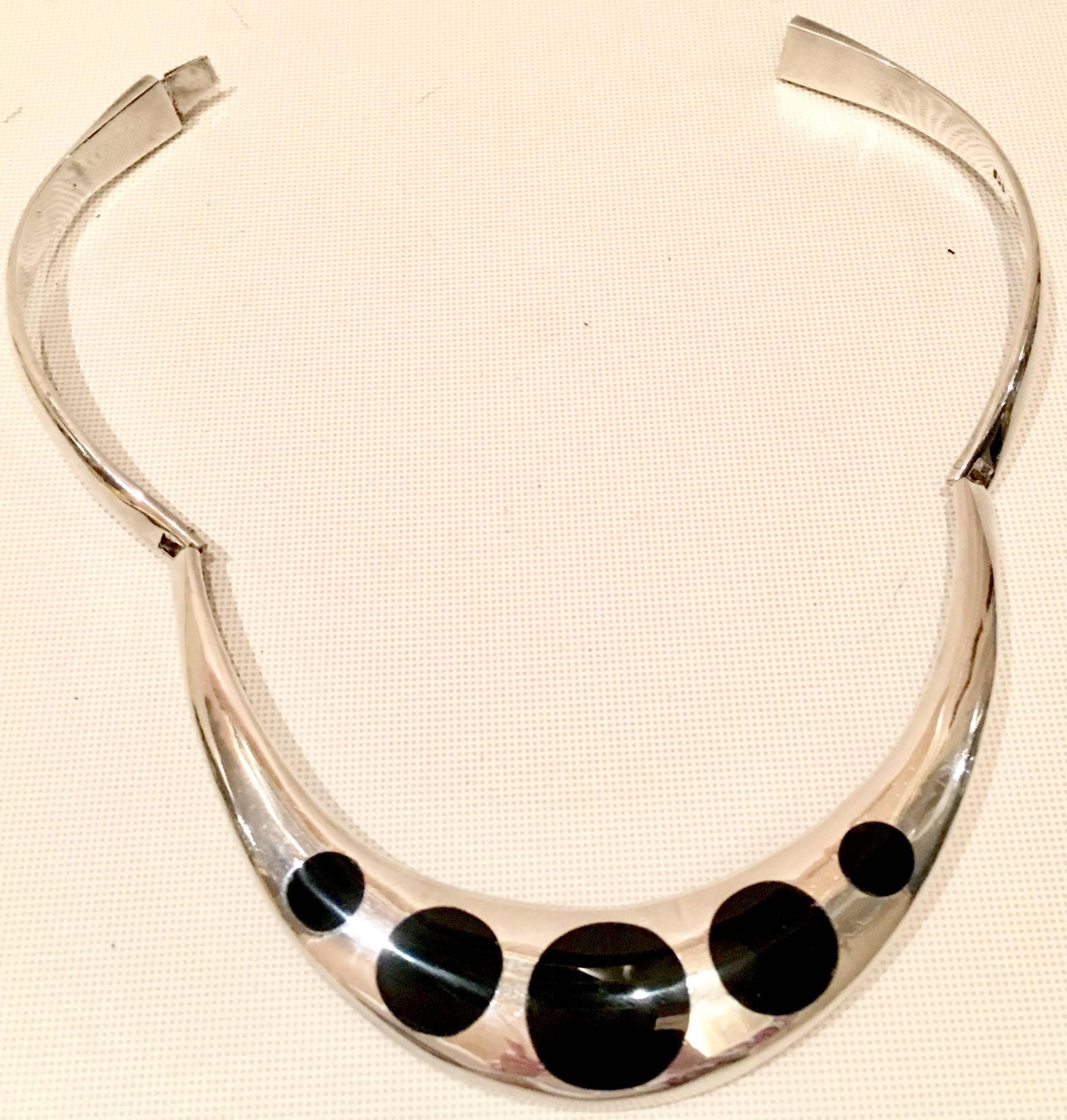 Mexican Modernist Taxco Signed 950 Sterling and Onyx Inlay Collar Necklace