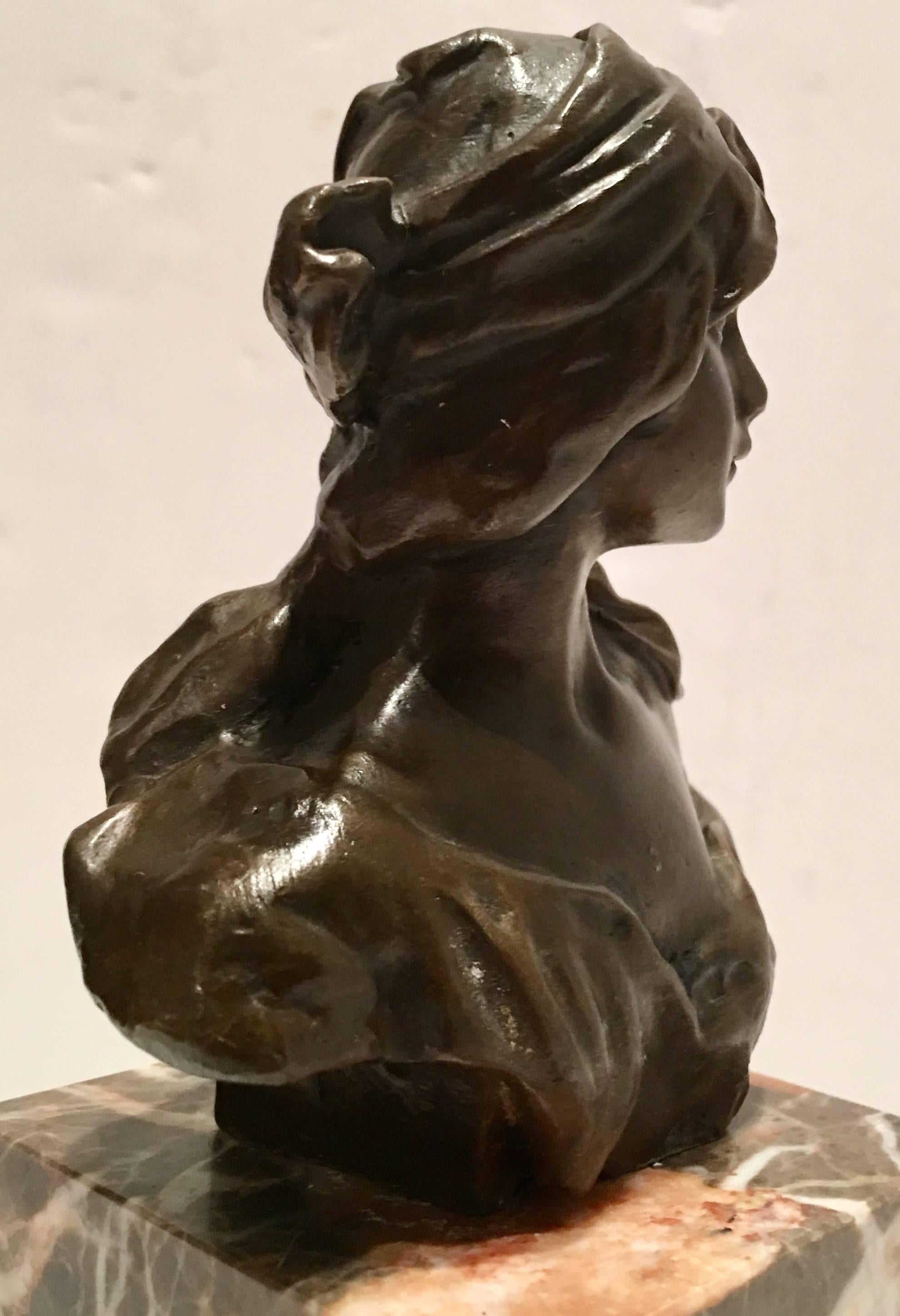 French Art Nouveau Style Bronze Female Bust Sculpture on Marble Stand In Excellent Condition In West Palm Beach, FL