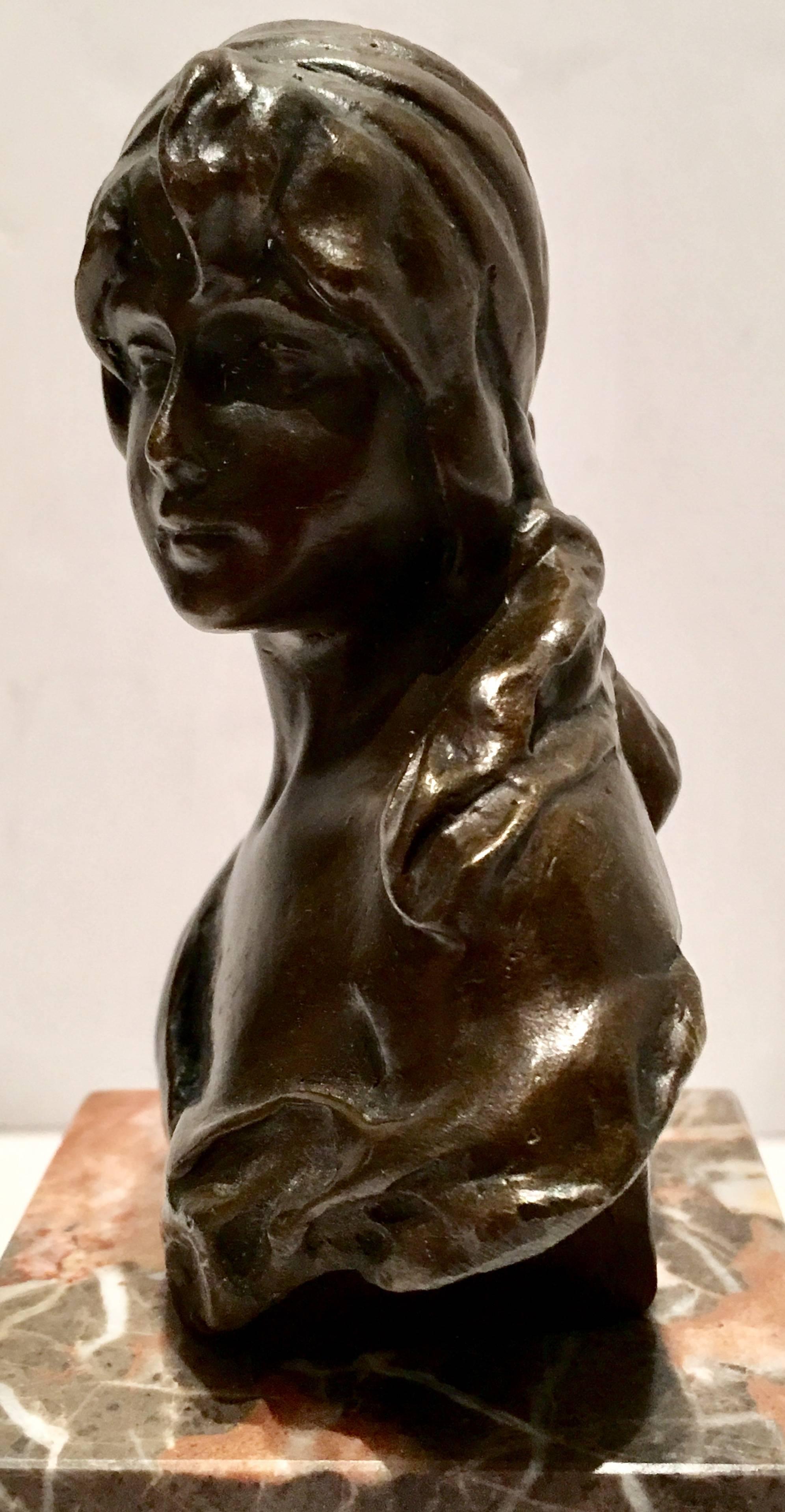 20th Century French Art Nouveau Style Bronze Female Bust Sculpture on Marble Stand
