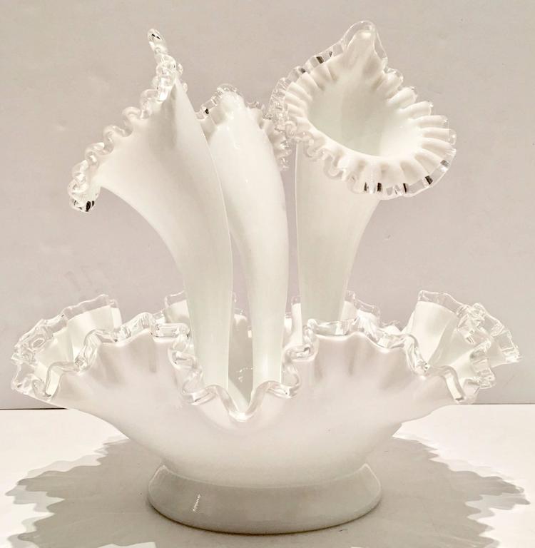 MidCentury Fenton Milk Glass "Silver Crest" Epergne Center Vase at 1stDibs