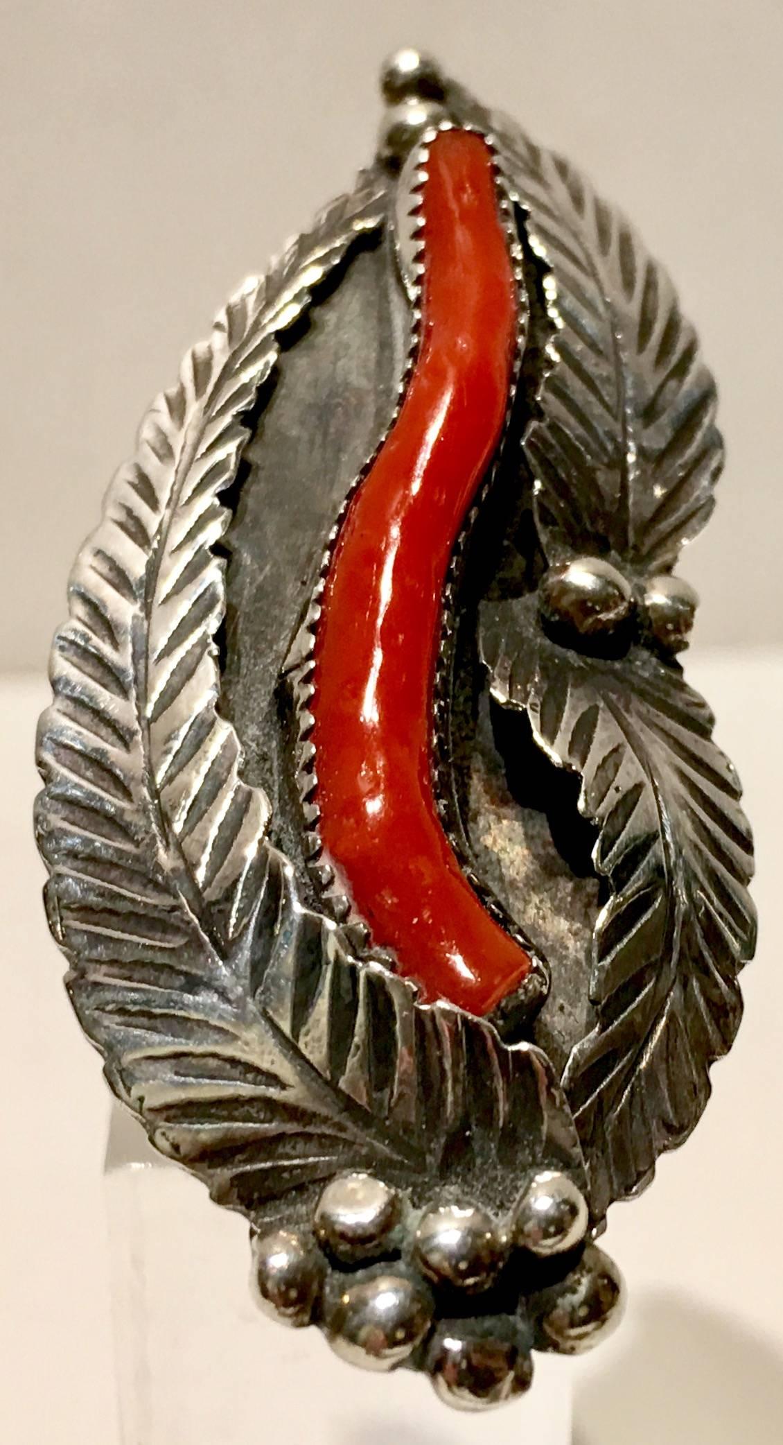 Sterling Silver Navajo Sterling and Coral Feather Shadow Box Pea Pod Long FInger Ring