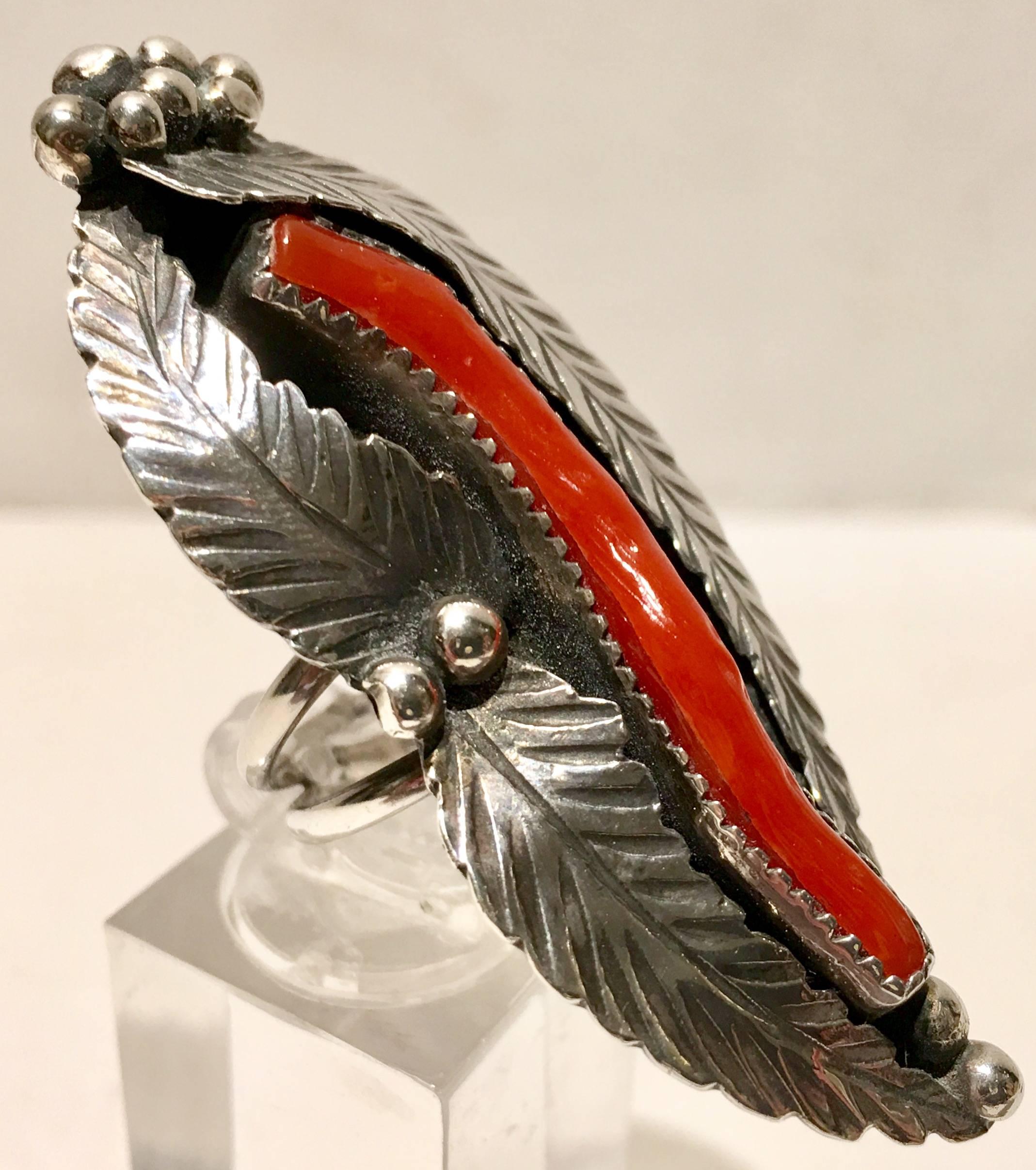 American Navajo Sterling and Coral Feather Shadow Box Pea Pod Long FInger Ring