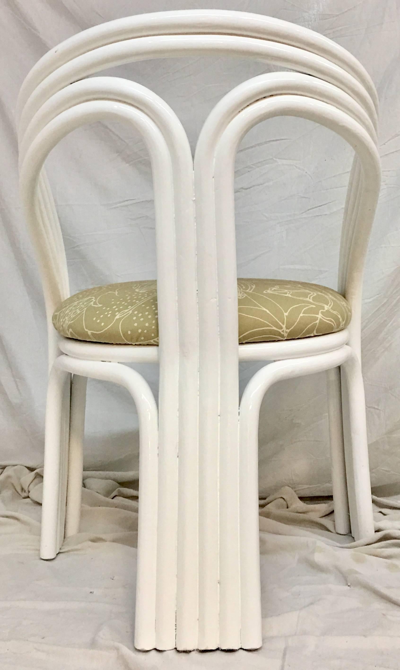 Set of Four Ficks Reed Style White Lacquered Rattan Upholstered Chairs In Excellent Condition For Sale In West Palm Beach, FL