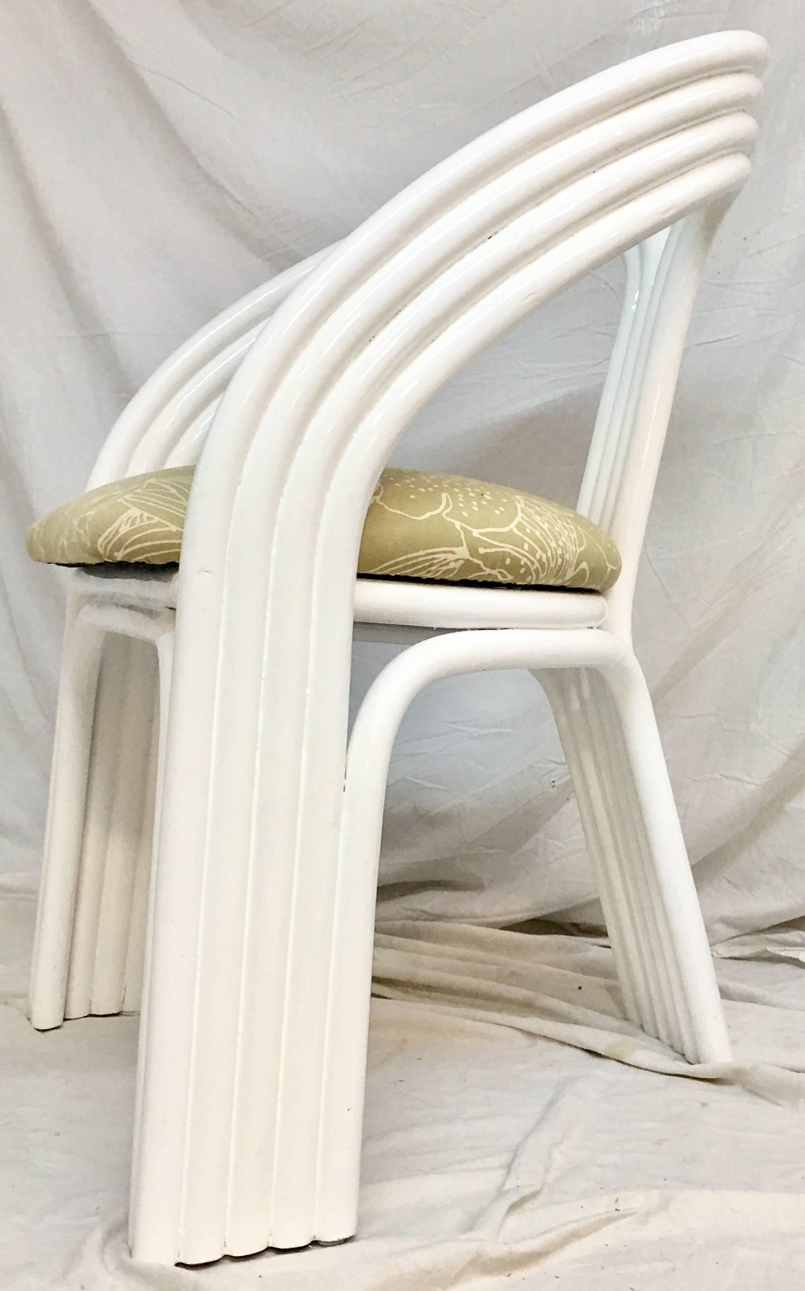 Fabric Set of Four Ficks Reed Style White Lacquered Rattan Upholstered Chairs For Sale