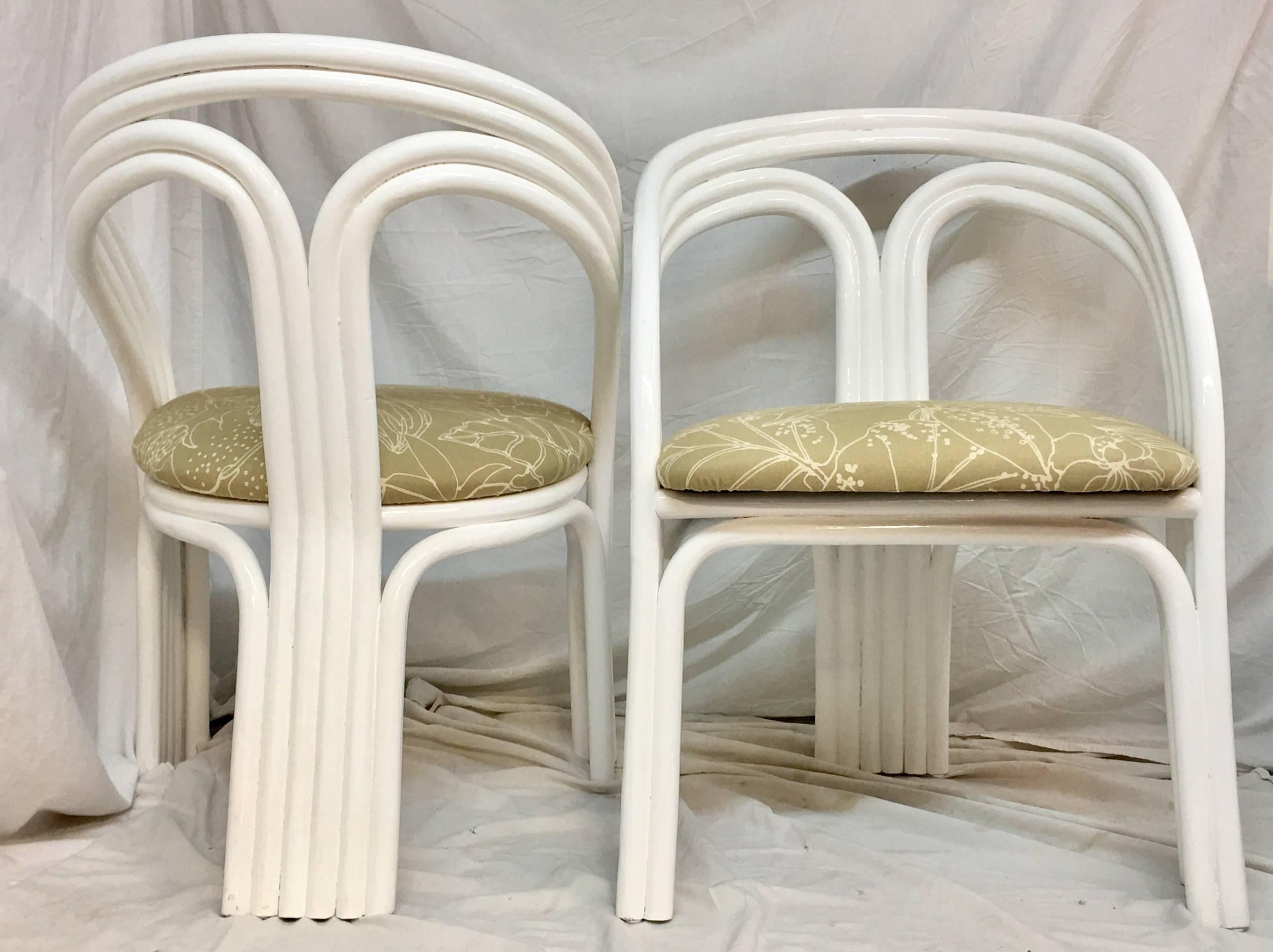 Art Deco Set of Four Ficks Reed Style White Lacquered Rattan Upholstered Chairs For Sale