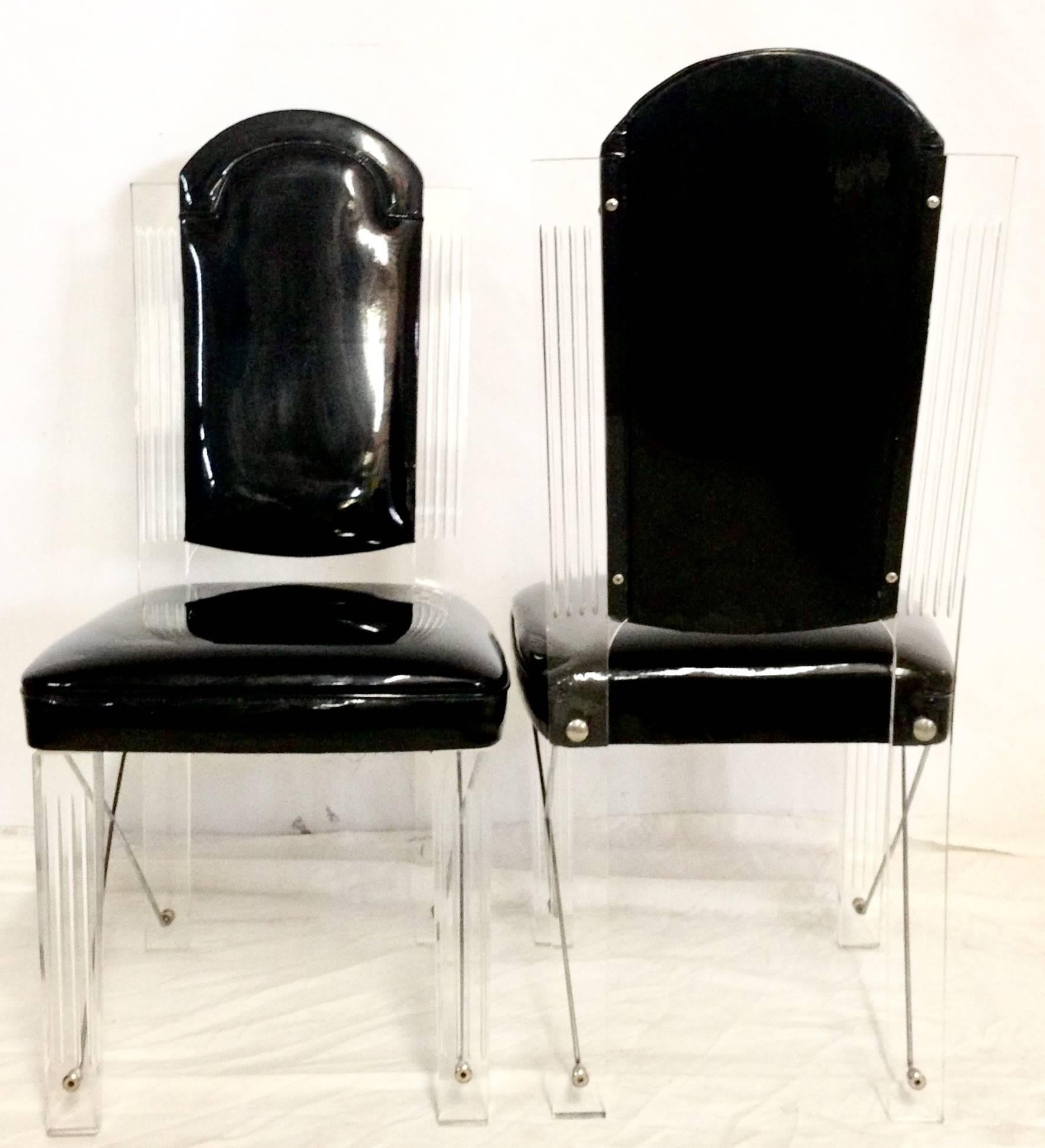 Modern 70'S  Lucite & Chrome X-Base Upholstered High Back Chairs S/4