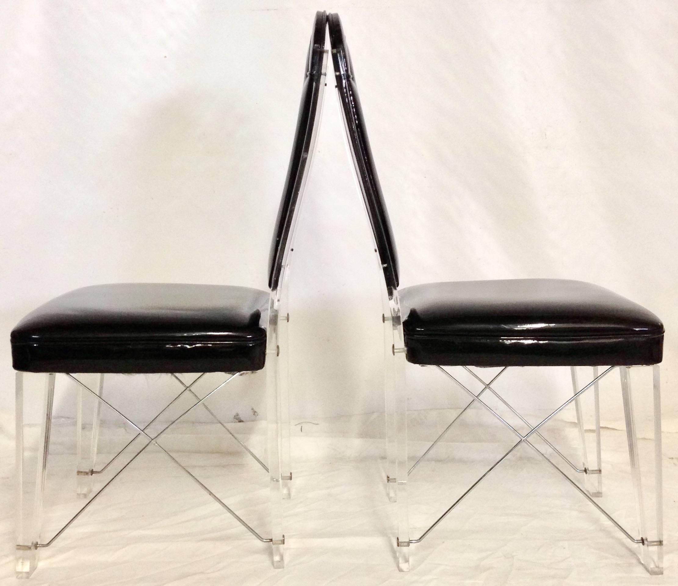 American 70'S  Lucite & Chrome X-Base Upholstered High Back Chairs S/4