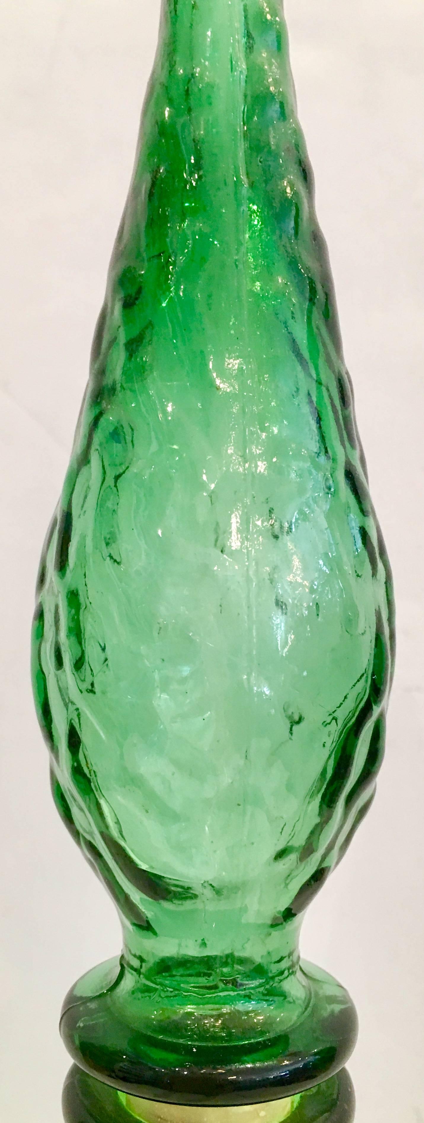 Vintage Tall Italian Empoli Bubble Art Glass Emerald Decanter In Excellent Condition In West Palm Beach, FL